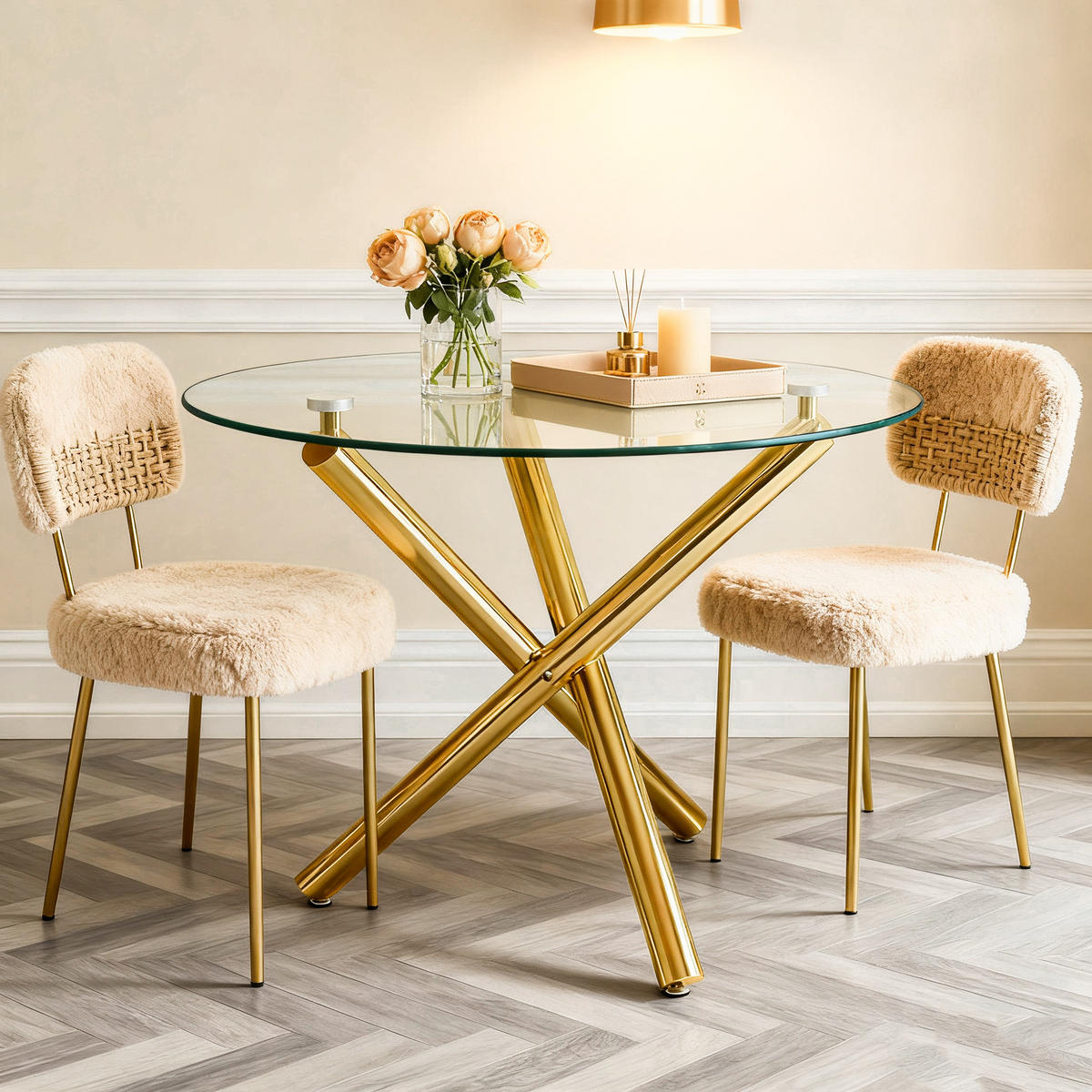 JÍDELNÍ STŮL zlatý s deskou z tvrzeného skla a kovovými nohami, moderní design, 80 × 80 × 76 cm - zlatá, kov/sklo (80/80/76cm) - STILVORA
