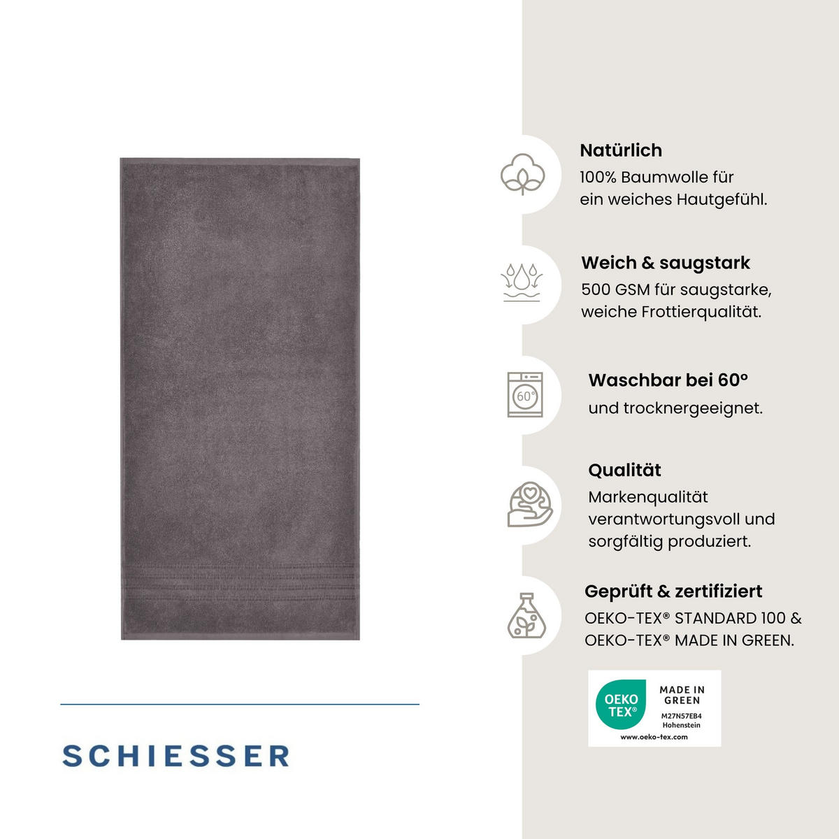 DUSCHTUCHSET Milano - 2-teilig - 70x140 cm - Dunkelgrau - Dunkelgrau, Textil (70/140cm) - SCHIESSER