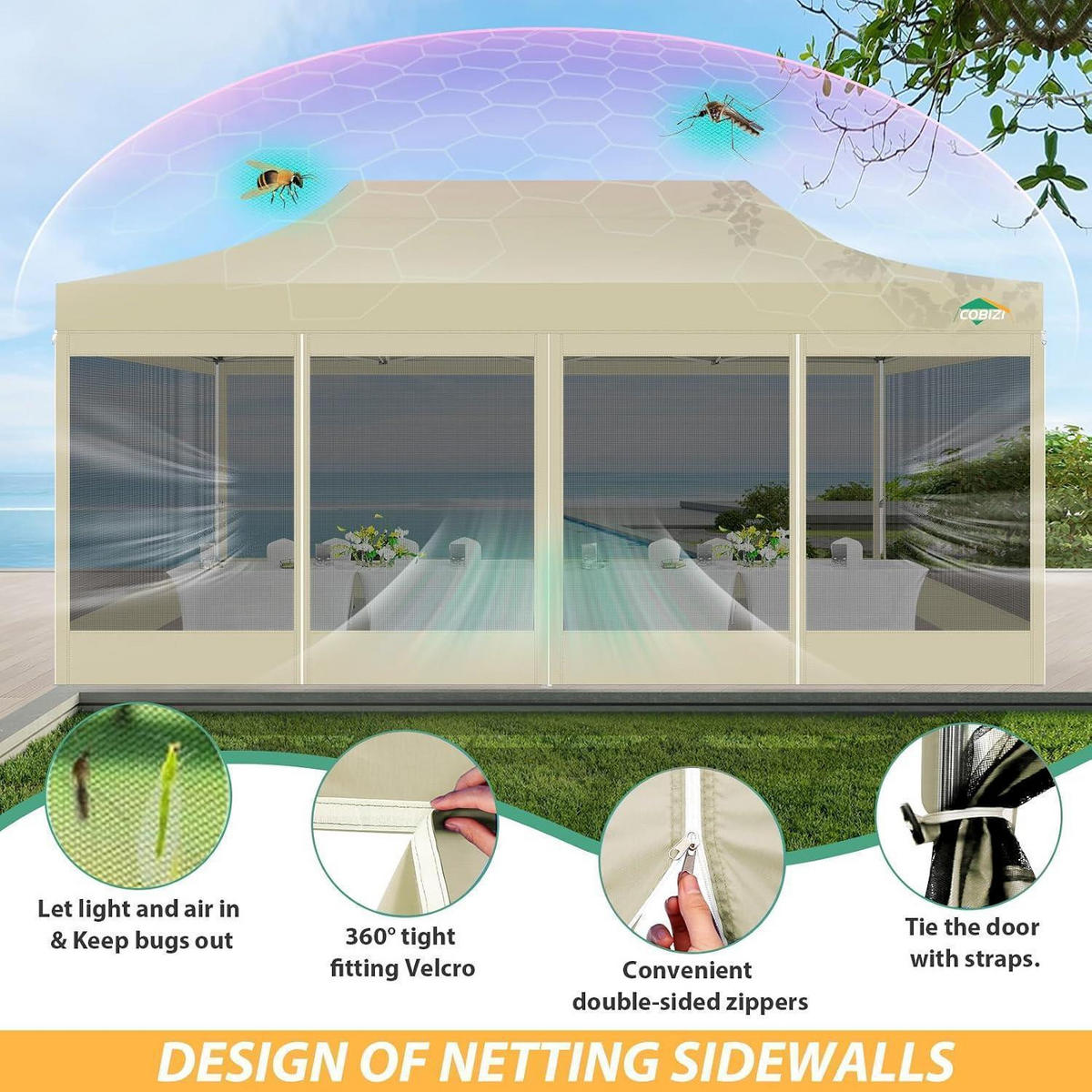 FALTPAVILLON 3x6m Wasserdicht mit Mesh-Seitenwänden Khaki - Olivgrün, Textil (300/335/600cm)