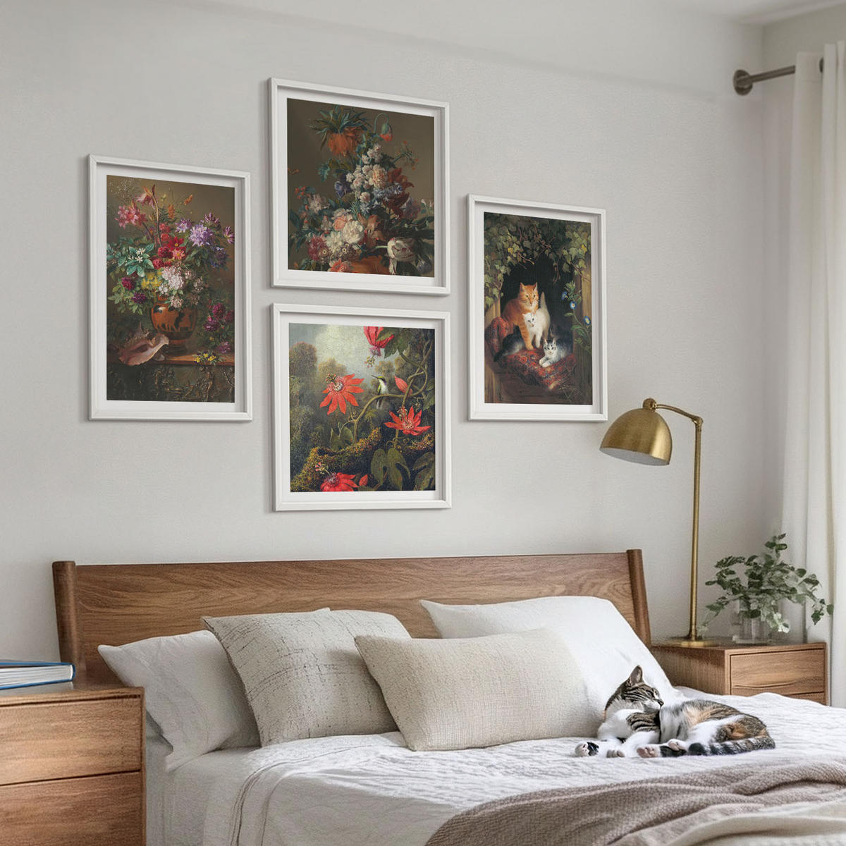 BILDER SET 4er Set - 50x50 cm & 40x60 cm Weißer Rahmen - Vintage-Blumen, Katzen, Pflanzen - Weiß, Kunststoff (50/50cm) - TULUP