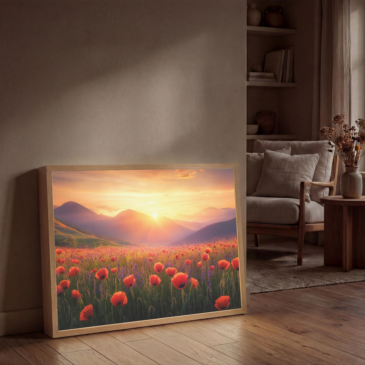 WANDLEUCHTE MIT AKKU Landschaft - Sonnenuntergang - Blumenfeld 100x70 cm - Rot, Holzwerkstoff (100/70/8cm) - OnlyWow