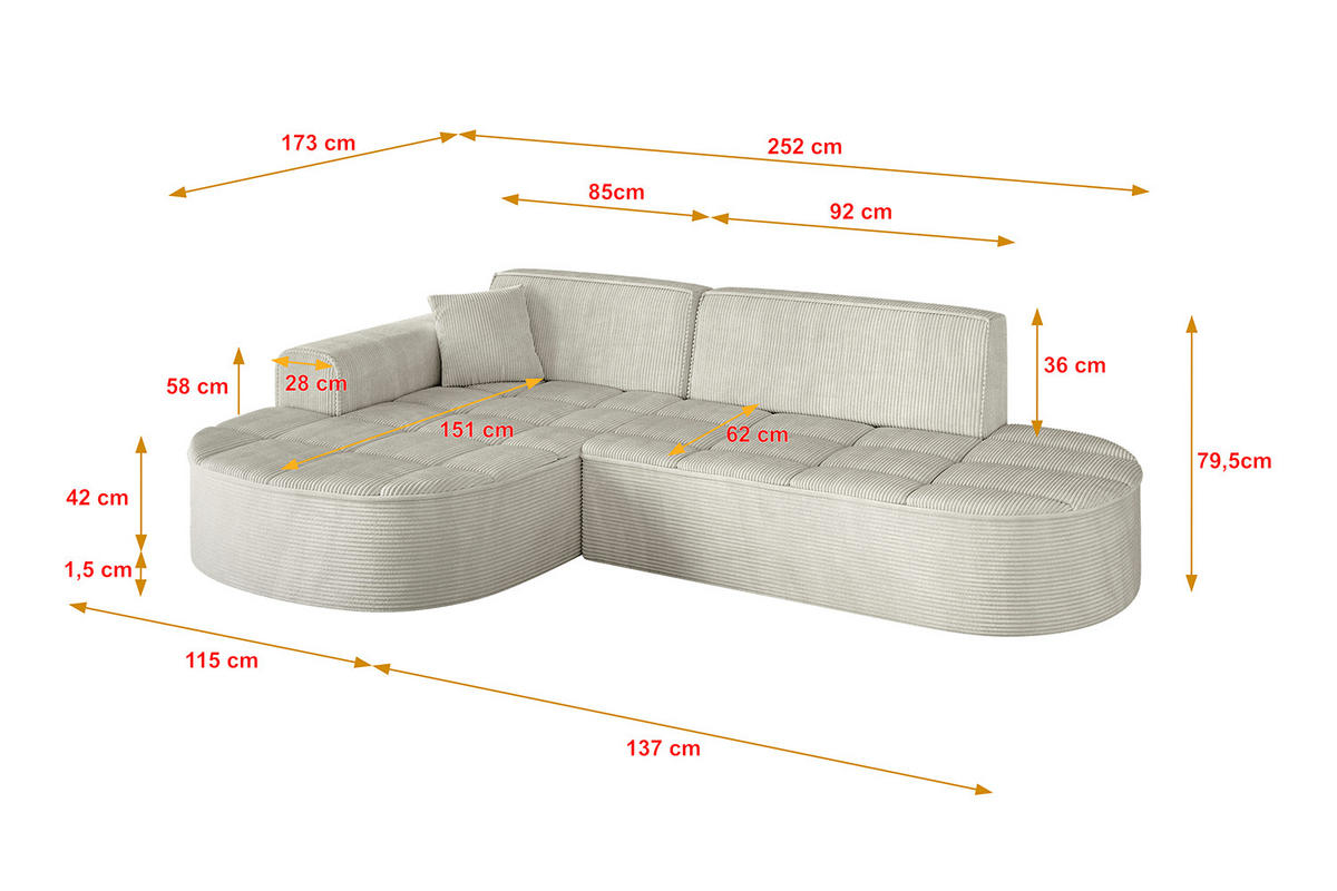 ECKSOFA Ottomane Links LIVO-L1 - 252x173x79,5 cm Creme - Hellgrau/Creme, Holzwerkstoff/Textil (252/173cm) - ALTDECOR