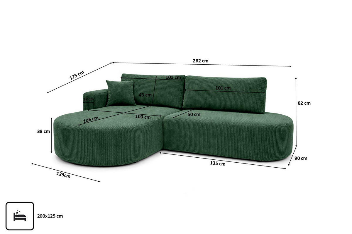 ECKSOFA Mit Schlaffunktion Und Bettkasten, Cordstoff Poso, Grün, Links, ROUND ONE OPEN XL - Grün, Holz (262/175cm) - Kaiser Möbel