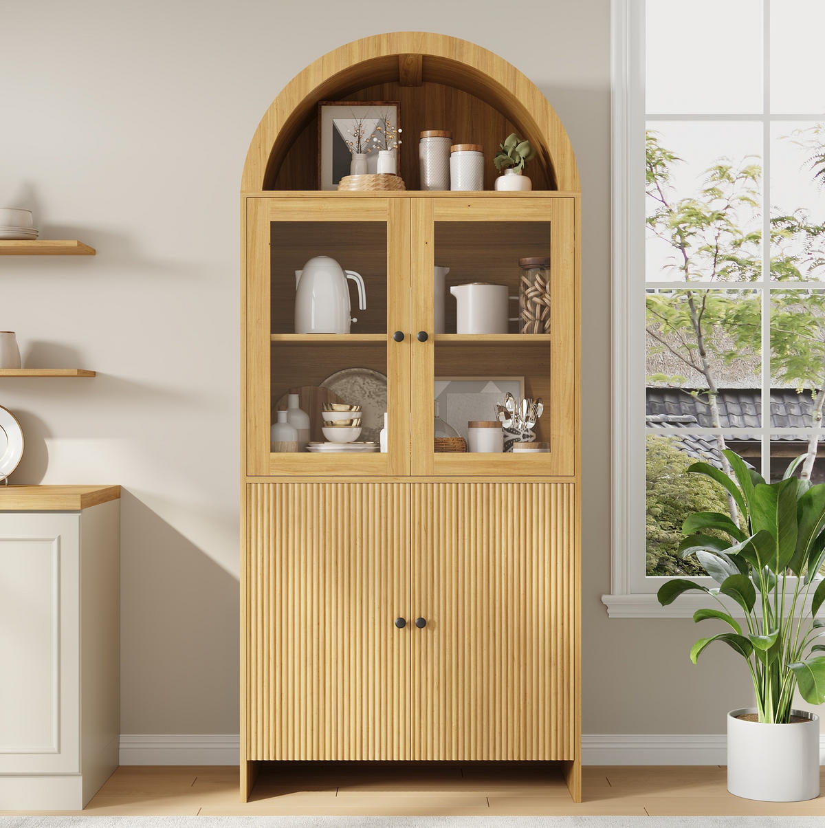 VITRINA od iverala 78x40x176 cm prirodna boja sa staklenim vratima, zatvorenim spremištem i valovitim frontama - prirodne boje, drvni materijal (78/176/40cm) - Modfu
