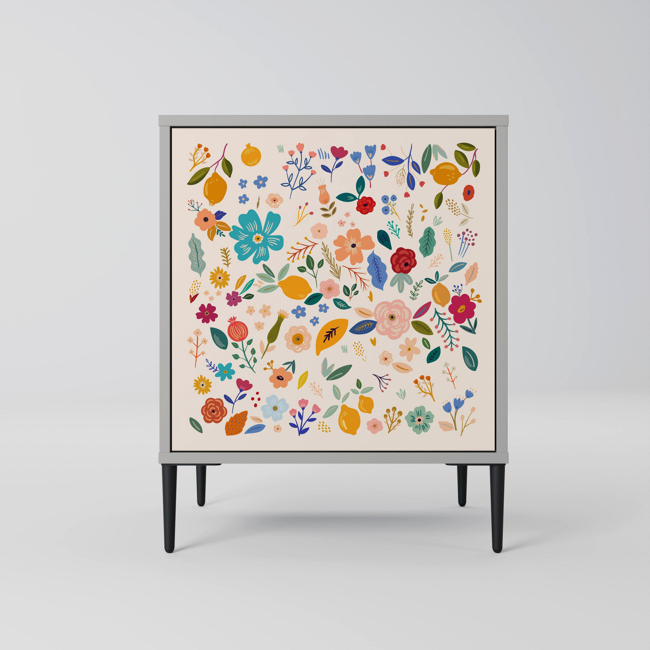 SIDEBOARD FLORAL COMBINATION, Grau, 57,5x42x72,5 cm, Schwarze Metallfüße - Multicolor/Schwarz, Holzwerkstoff/Metall (57.5/72.5/42cm) - SpaceRebels