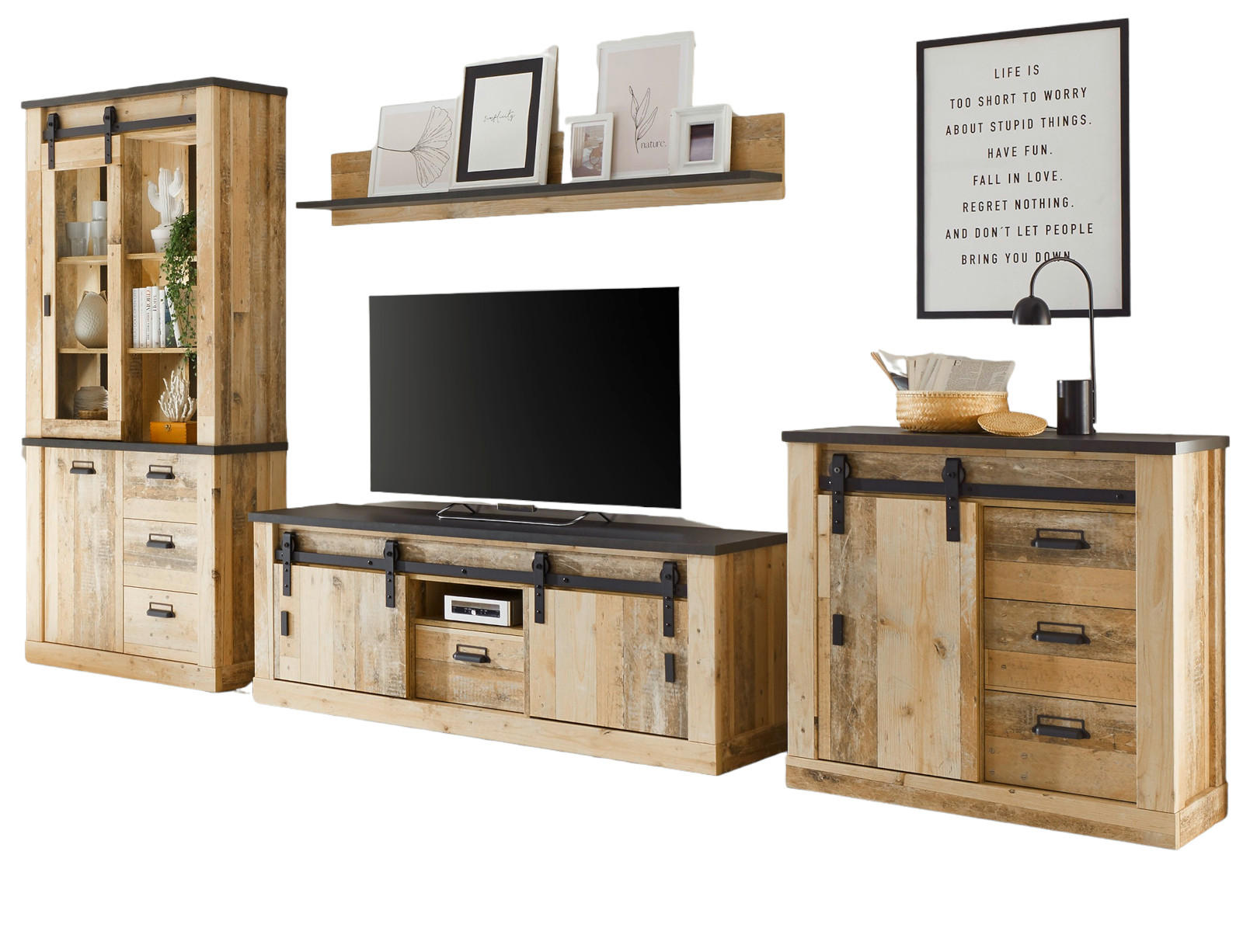 WOHNWAND Used Wood hell, anthrazit 4-teilig 388 cm, Schrankwand mit Soft-Close - Anthrazit/Schwarz, Glas/Holzwerkstoff (388/201/43cm) - Furn.Design