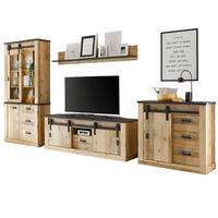WOHNWAND Used Wood hell, anthrazit 4-teilig 388 cm, Schrankwand mit Soft-Close - Anthrazit/Schwarz, Glas/Holzwerkstoff (388/201/43cm) - Furn.Design