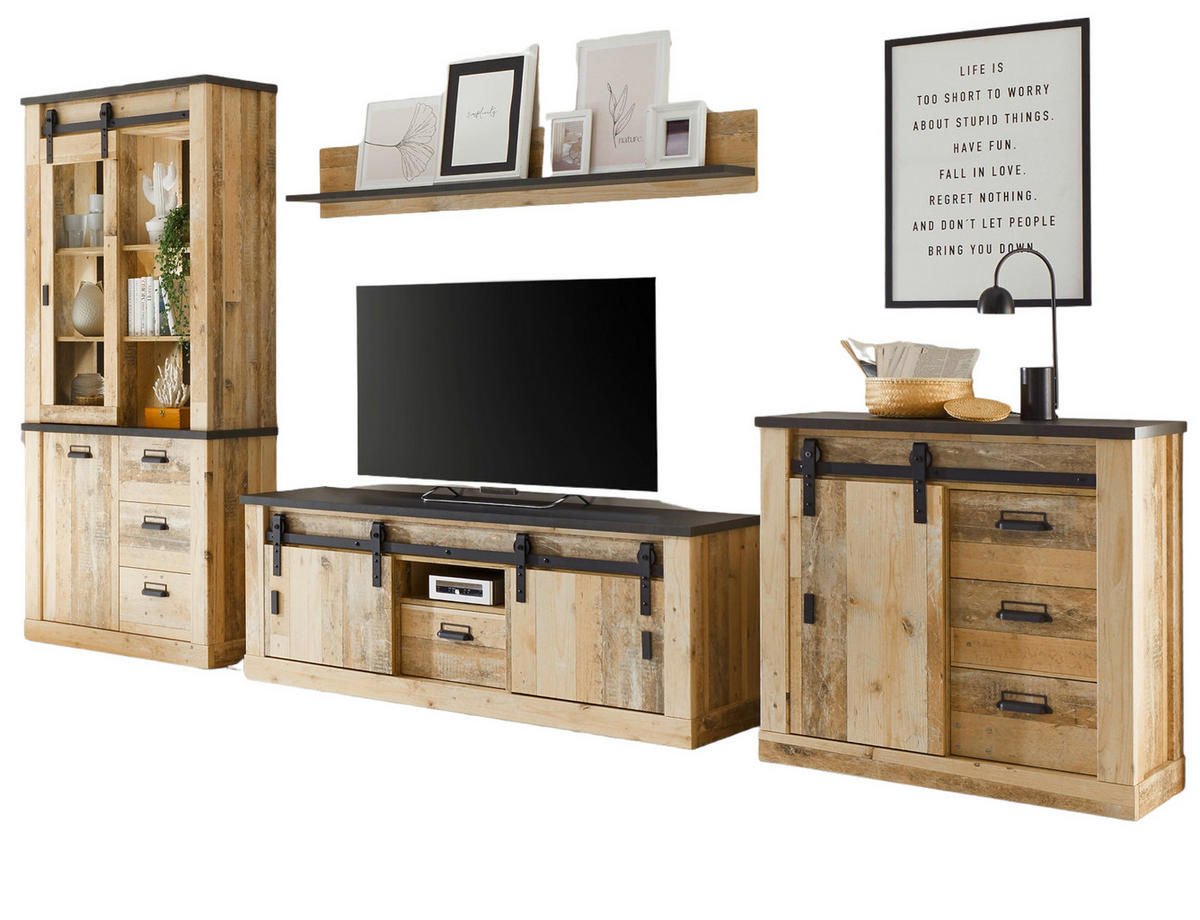 WOHNWAND Used Wood hell, anthrazit 4-teilig 388 cm, Schrankwand mit Soft-Close - Anthrazit/Schwarz, Glas/Holzwerkstoff (388/201/43cm) - Furn.Design