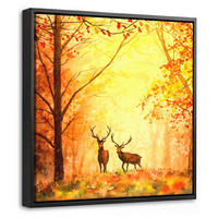 LEINWAND Bilder mit Rahmen - Natur - Ölfarbe - Hirsche - Tiere - Herbst - Orange - 20x20 - Orange, Textil (20/20cm) - MuchoWow