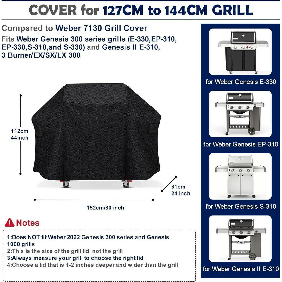 GRILLABDECKUNG 152 cm wasserdicht für Weber Genesis II & 300 Serie - Schwarz, Textil (60.9/111/152cm)