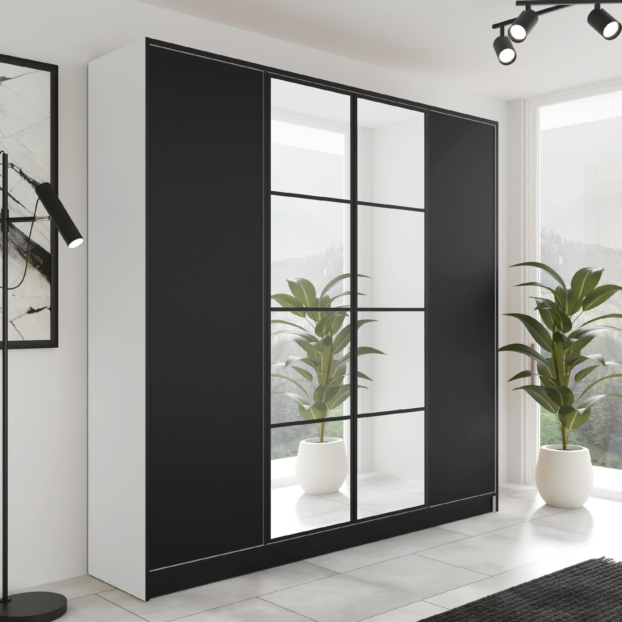 KLEIDERSCHRANK EDEN 4-Türen v4 - 206,4x205x39 cm- Weiß und Schwarz - Schwarz/Weiß, Holzwerkstoff (206.4/205/39cm) - Kier Furniture