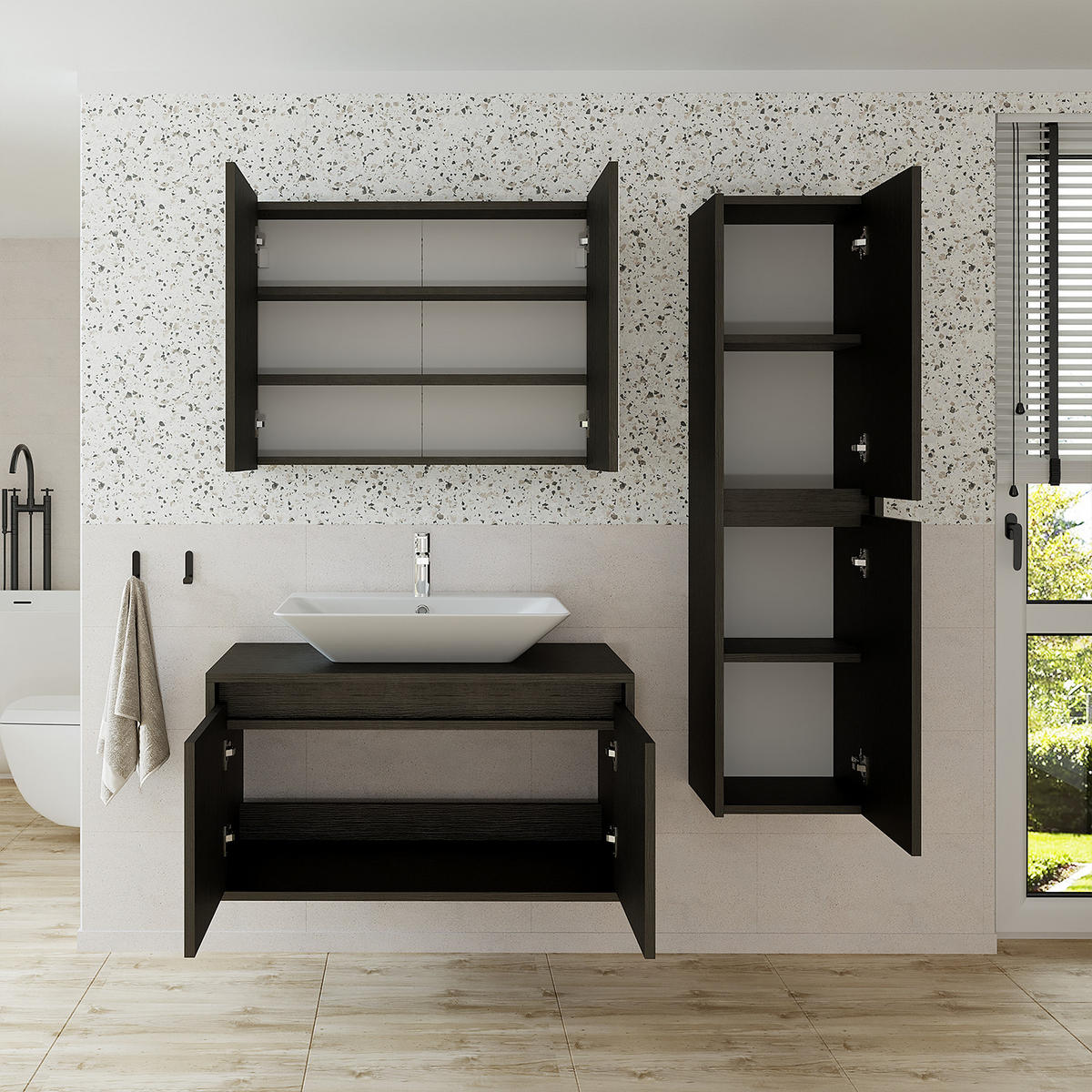 BADMÖBEL Set ATLANTIC-85 4-teilig - Schwarz, Holzwerkstoff (85/150/45cm) - Roomart