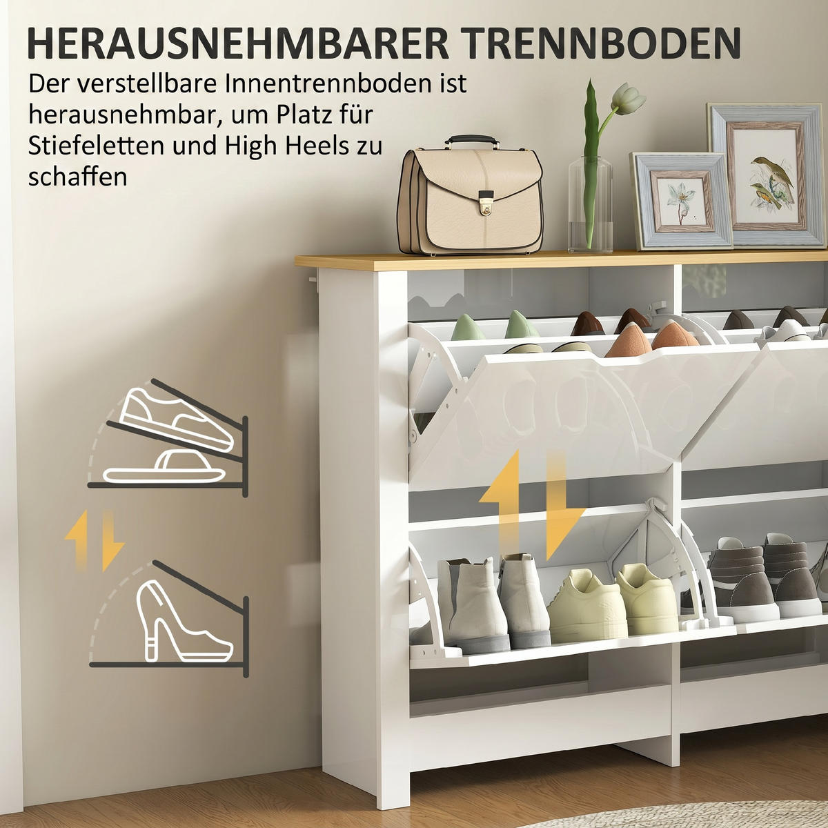 SCHUHSCHRANK,SCHMAL 4 Klappfächer 105x26x80cm,weiß+natur - Weiß, Holzwerkstoff (105/80/26cm) - Vallsero