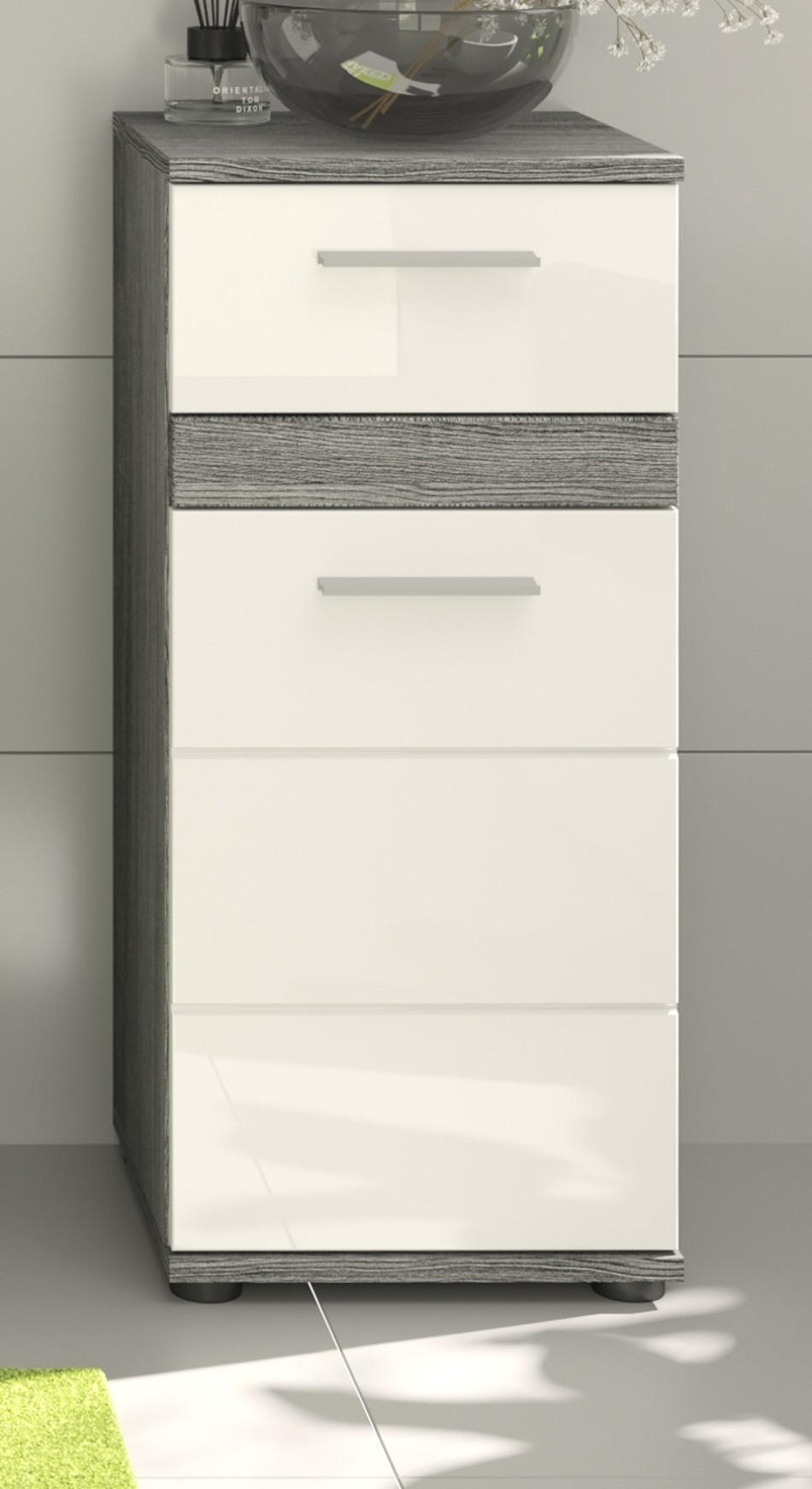 KOMMODE weiß Hochglanz, grau Rauchsilber 35 cm, Badschrank mit Schublade - Weiß Hochglanz/Silberfarben, Holzwerkstoff/Kunststoff (35/79/31cm) - Inn.Furn