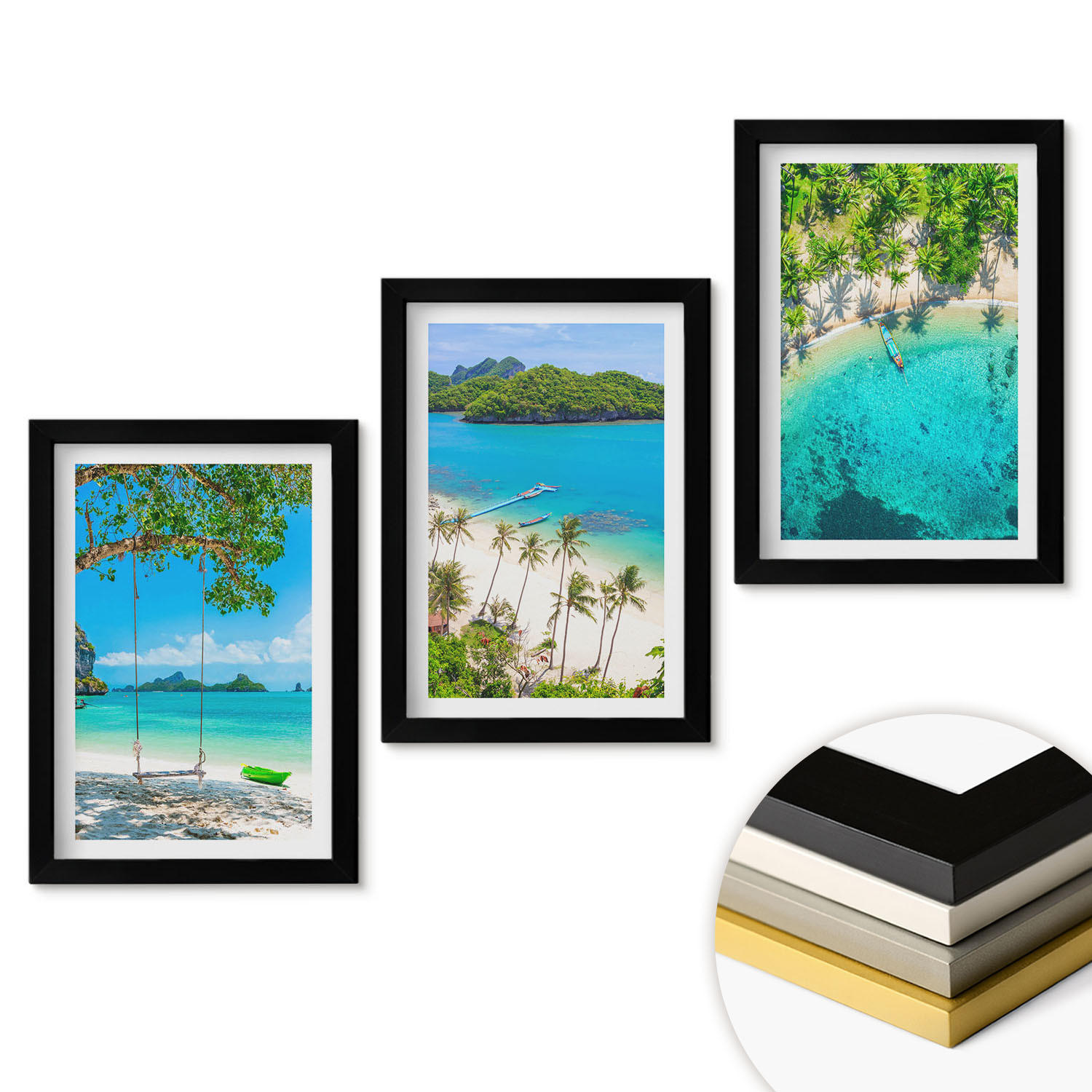 WANDBILDER 3er-Set - 20x30 cm Schwarzer Rahmen - Strände, Palmen, klares Wasser - Schwarz, Kunststoff (20/30cm) - ArtPrintCave