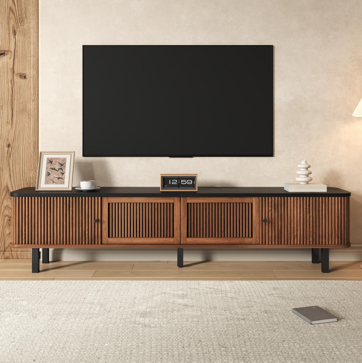 TV ormarić od MDF-a i iverice 190x35x45 cm orah s kliznim i rešetkastim vratima te velikim prostorom za odlaganje - smeđa, drvni materijal (190/45/35cm) - Modfu