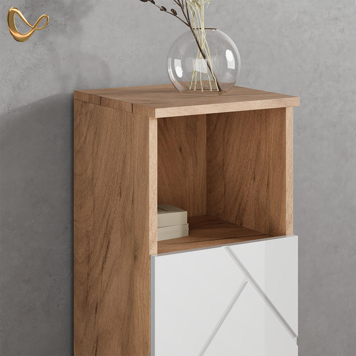 BADMÖBEL-SET Ronco Weiß Hochglanz/Goldkraft Eiche 3 Teile, mit Midischrank - Weiß Hochglanz/Eiche Wotan, Holzwerkstoff (54/55/41cm) - Livinity®