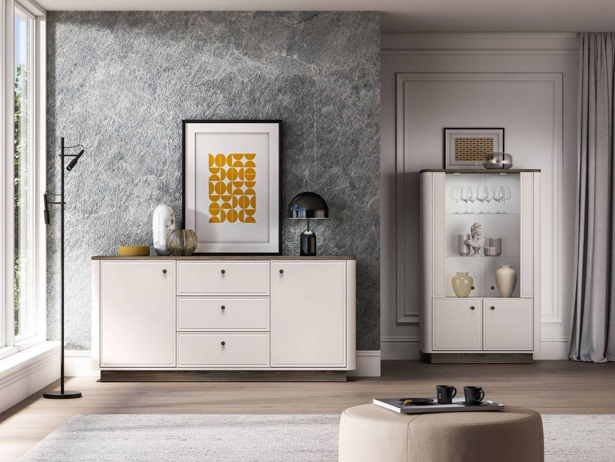VITRINE Vilavio 4-türig Kaschmirgrau/Eichenoptik 92 cm - Taupe/Dunkelbraun, Holzwerkstoff (91.6/141.5/40cm) - Selsey