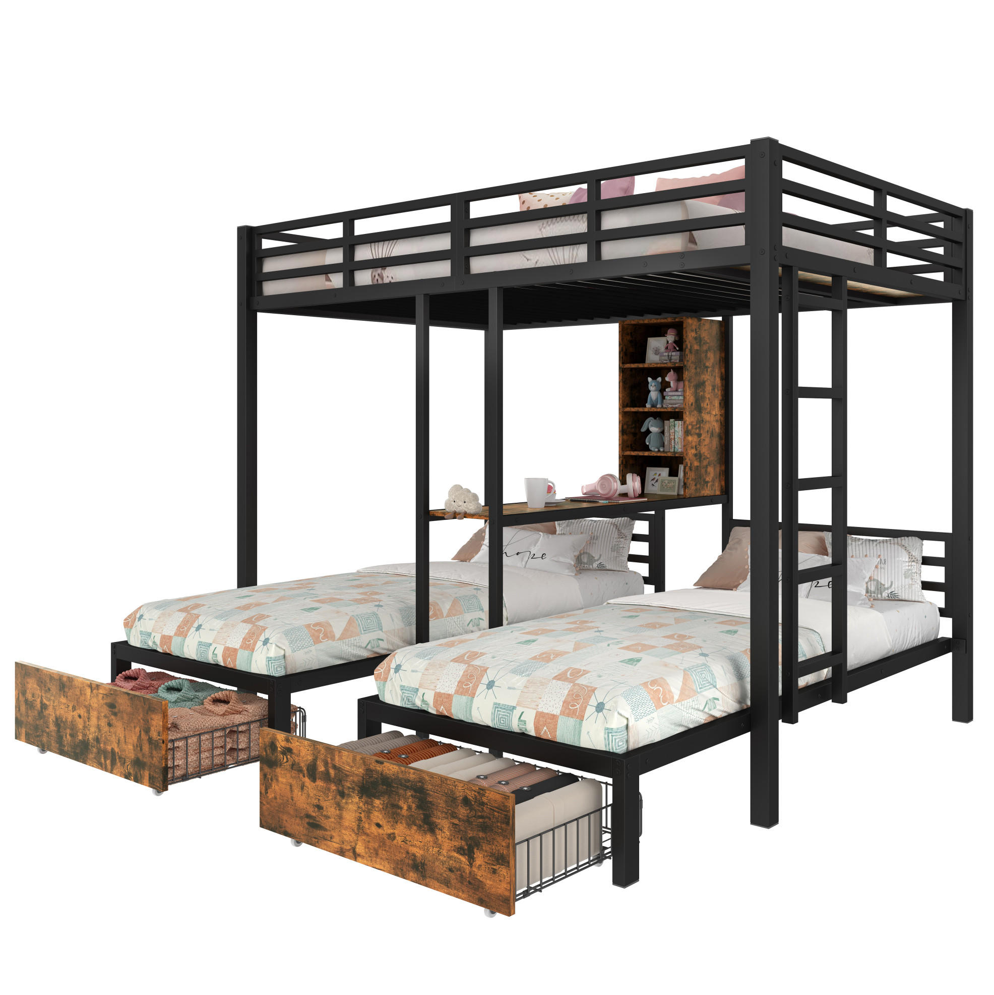 ETAGENBETT 140/200 + 90/200 cm aus Metall und MDF mit 3 Schlafplätzen und 2 Schubladen Schwarz - Schwarz, Holzwerkstoff (140/200cm) - Modenvie