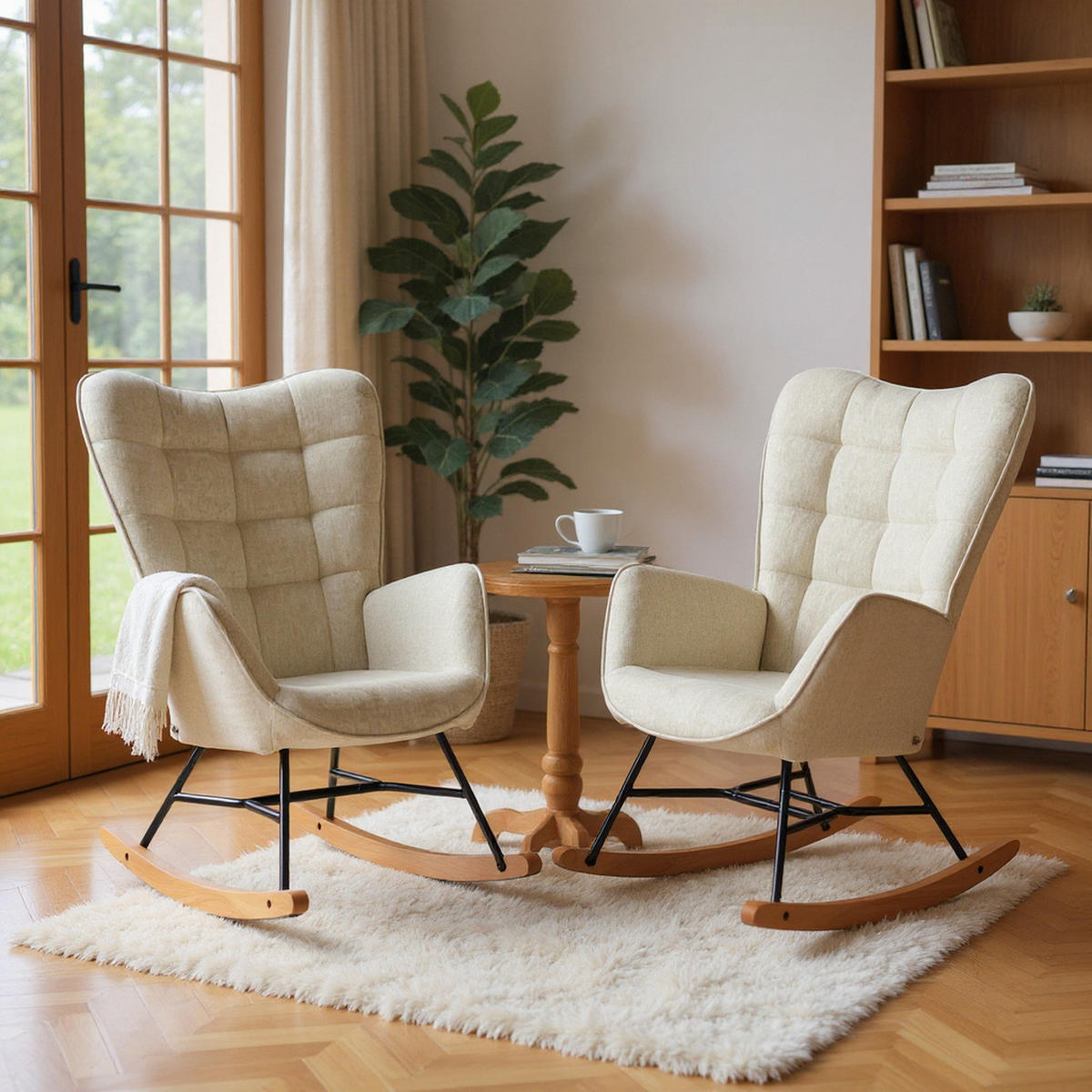 SCHAUKELSTUHL 2er-Set, Skandinavischer Stoff-Schaukelstuhl mit Holz- und Metallgestell, Beige - Beige, Textil (68/98/85cm) - Meubles Cosy