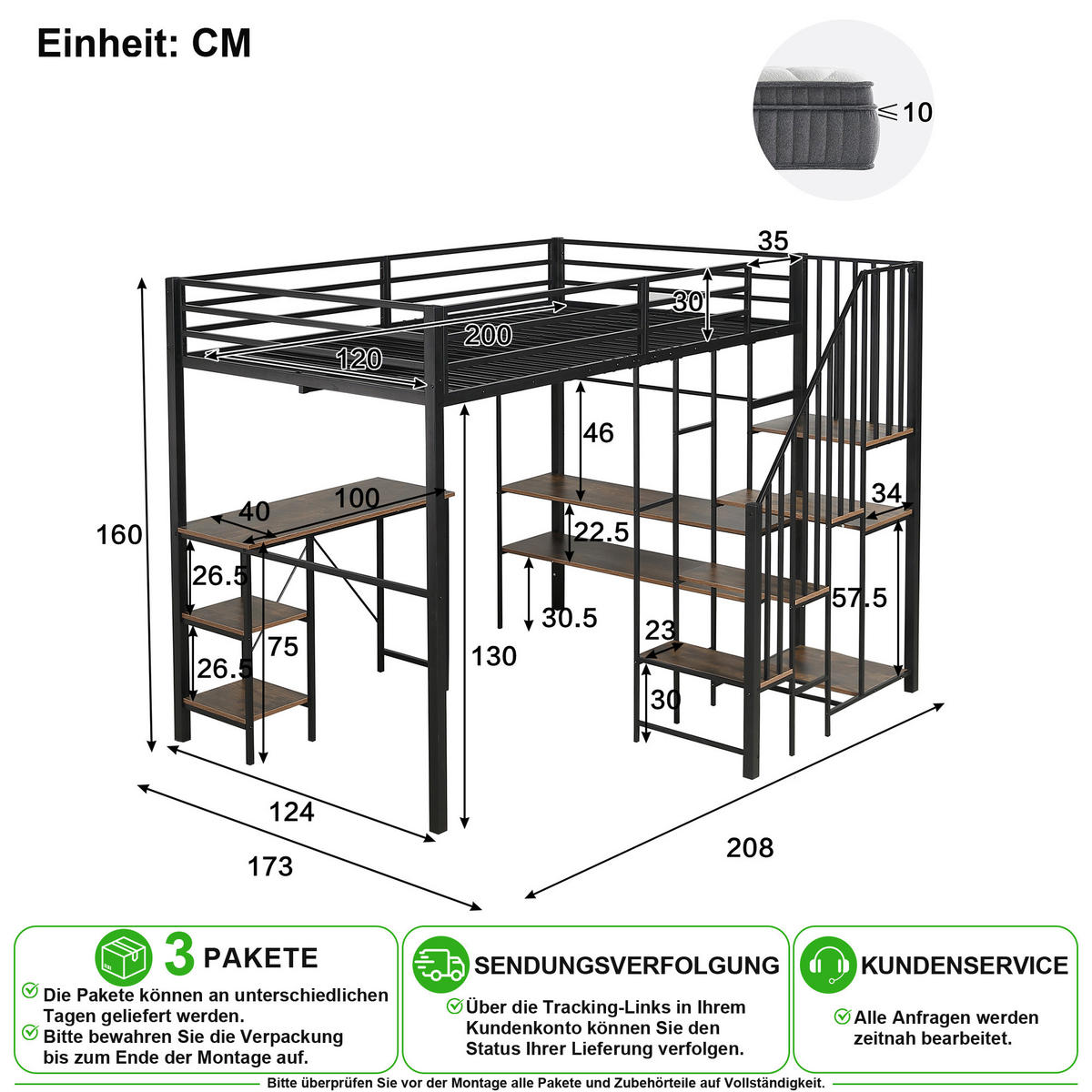 PATROVÁ POSTEL 120/200 cm v černé barvě se stolem, policemi a otevřeným šatníkem - černá, kov/kompozitní dřevo (120/200cm) - CHICFURN