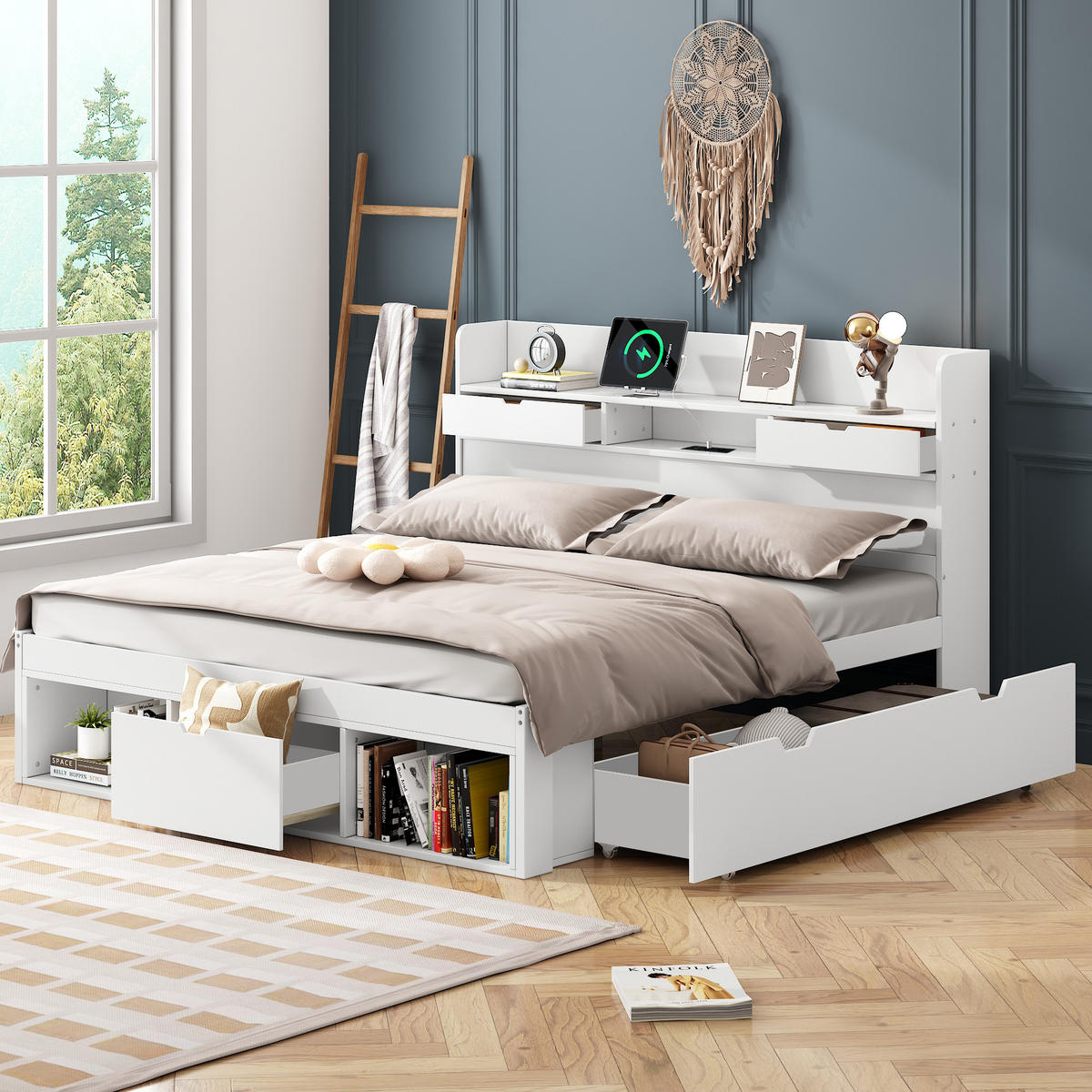 DOPPELBETT 140/190 cm Weiß mit USB-Port und Schubladen - Weiß, Holz (140/190cm) - OKWISH