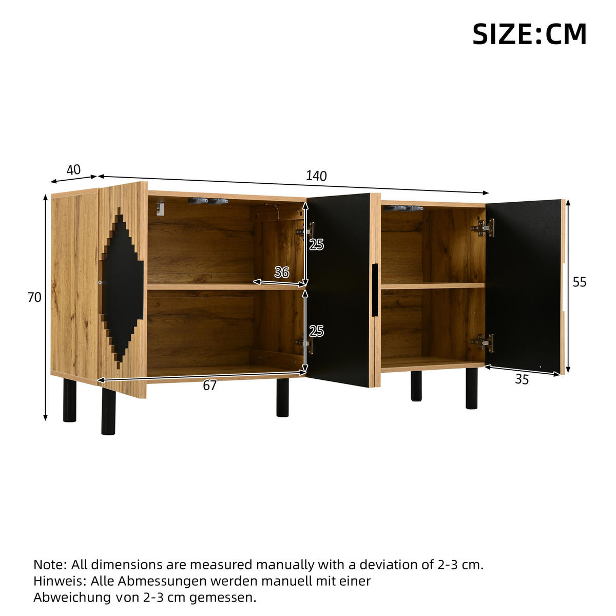 KUCHYŇSKÁ SKŘÍŇ v přírodní a černé barvě se 2 dvířky do obývacího pokoje a jídelny, 140×40×70 cm - přírodní/černá, kov/kompozitní dřevo (140/70/40cm) - STILVORA