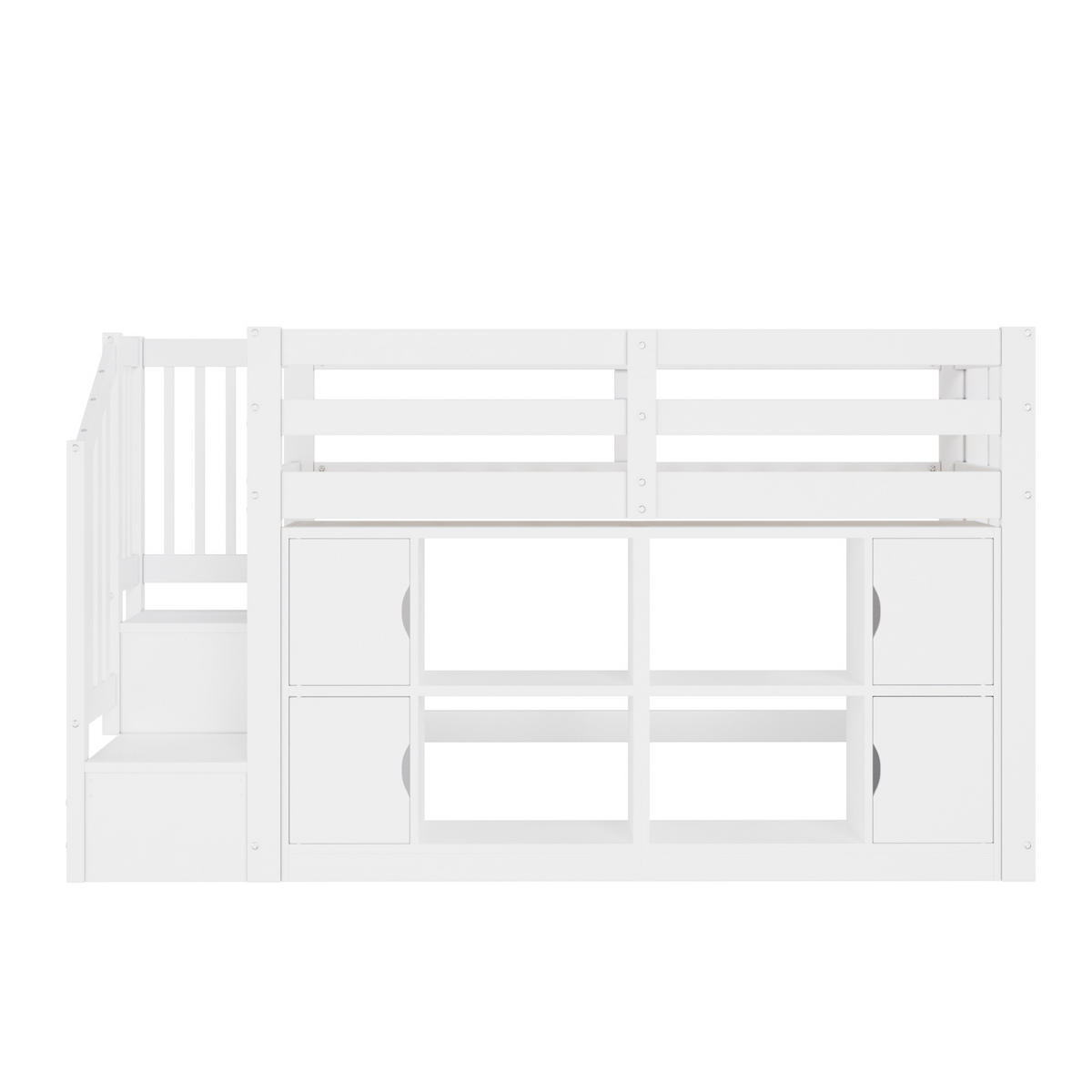 HOCHBETT 90 x 200 cm mit Ablagefächern, Schränken, Treppe mit Stauraum und LED-Beleuchtung, Weiß - Weiß, Holz (90/200cm) - KOMHTOM