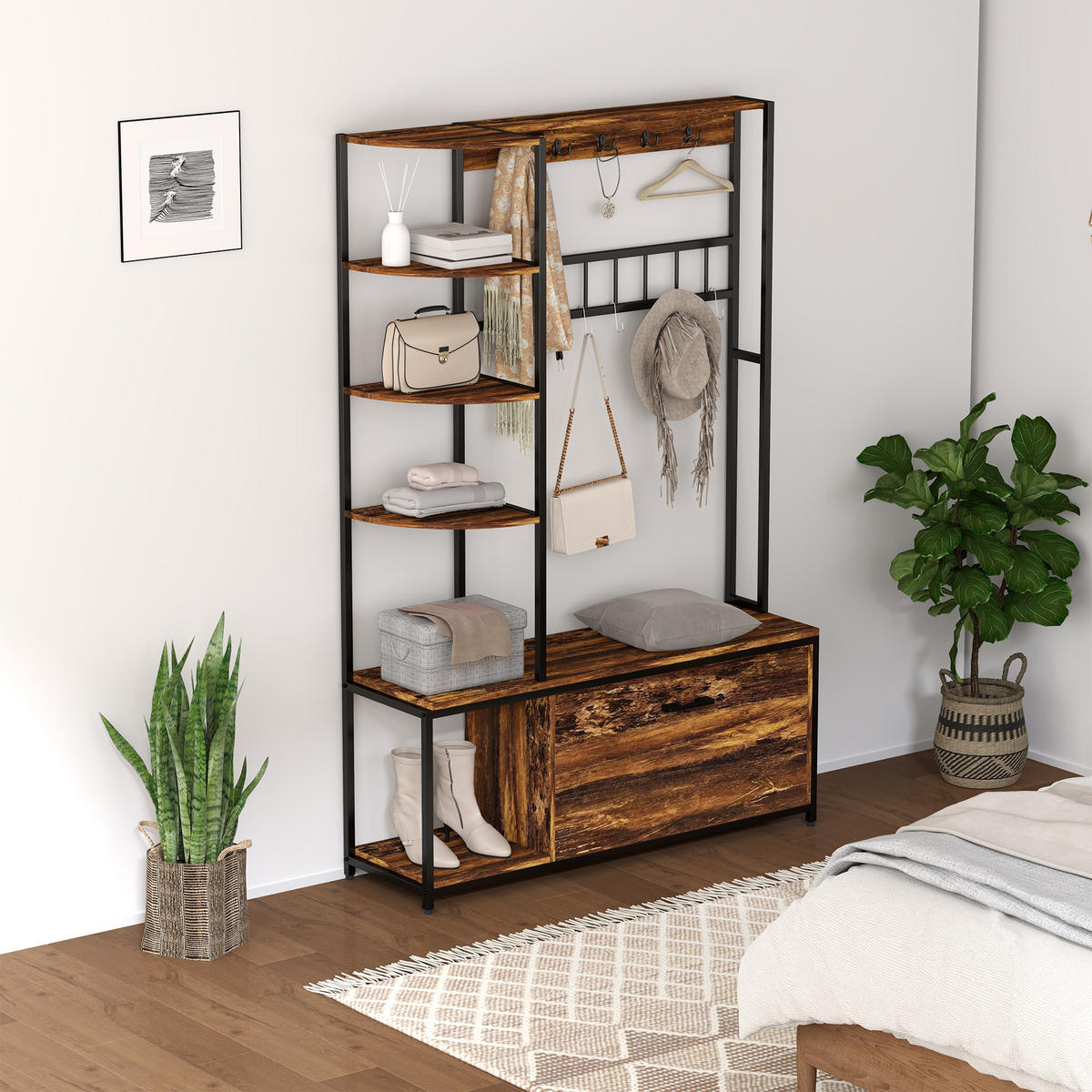 GARDEROBENSTÄNDER DE-17879 10 Haken & 2-stufiger Schuhschrank Braun - Braun, Holzwerkstoff (35/180/120cm) - ComfortXL
