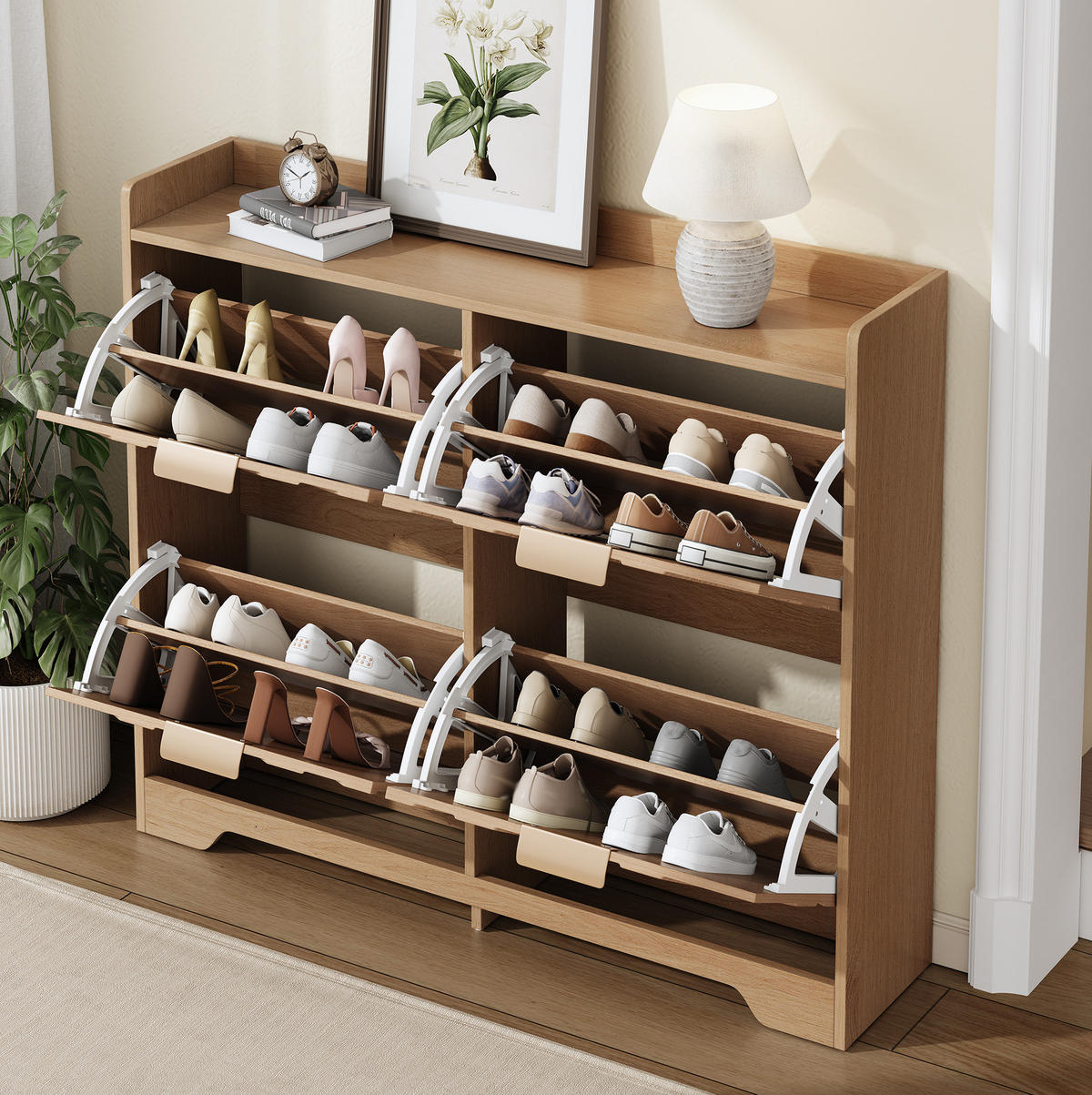 SCHUHSCHRANK mit 4 Klappfächern 105 x 24 x 90 cm MDF Natural - Braun, Holz (24/90/105cm) - Beauniv