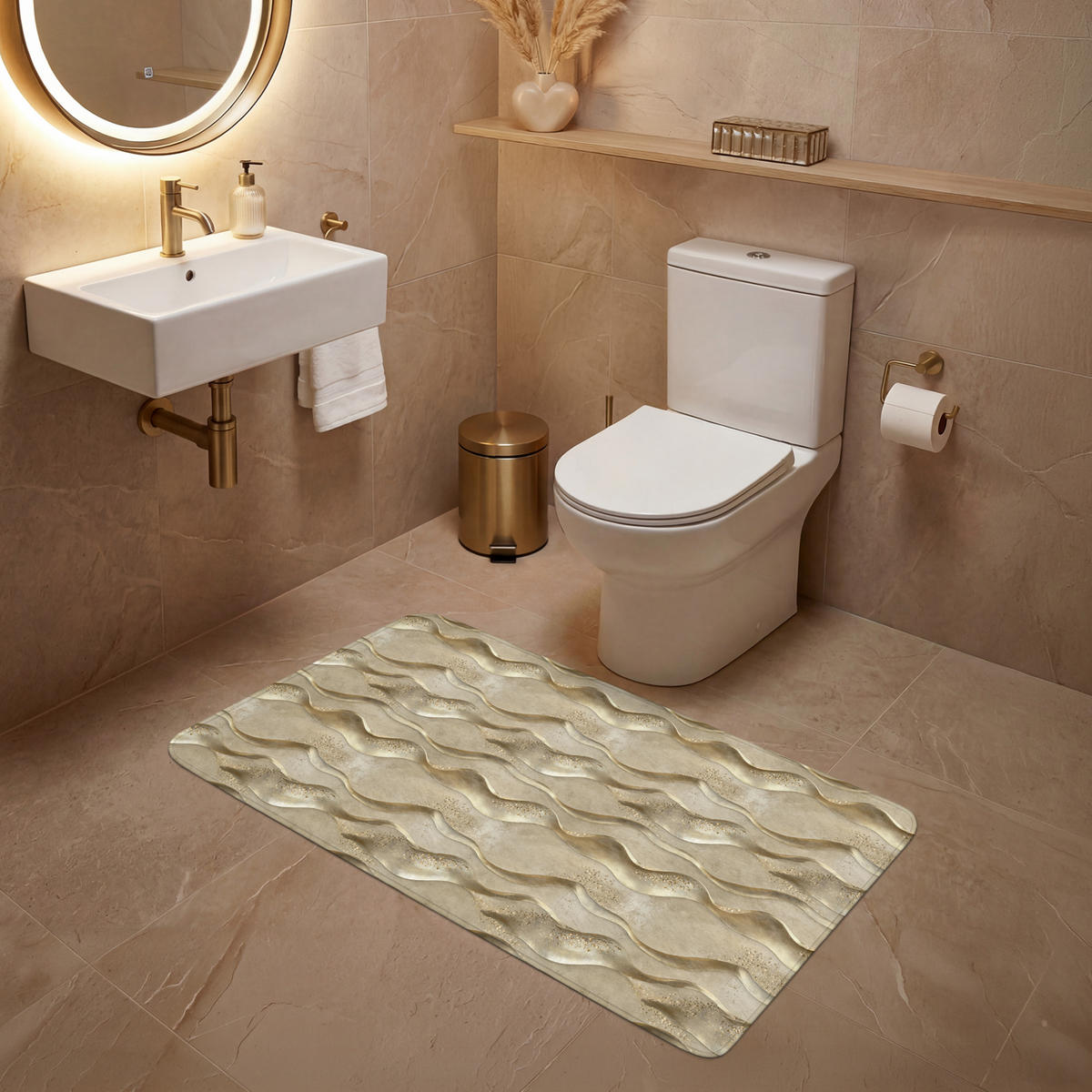 WC PŘEDLOŽKA Vlny - vzor - zlaté 120x60 cm - barva mosazi, textil/plast (120/1cm) - OnlyWow