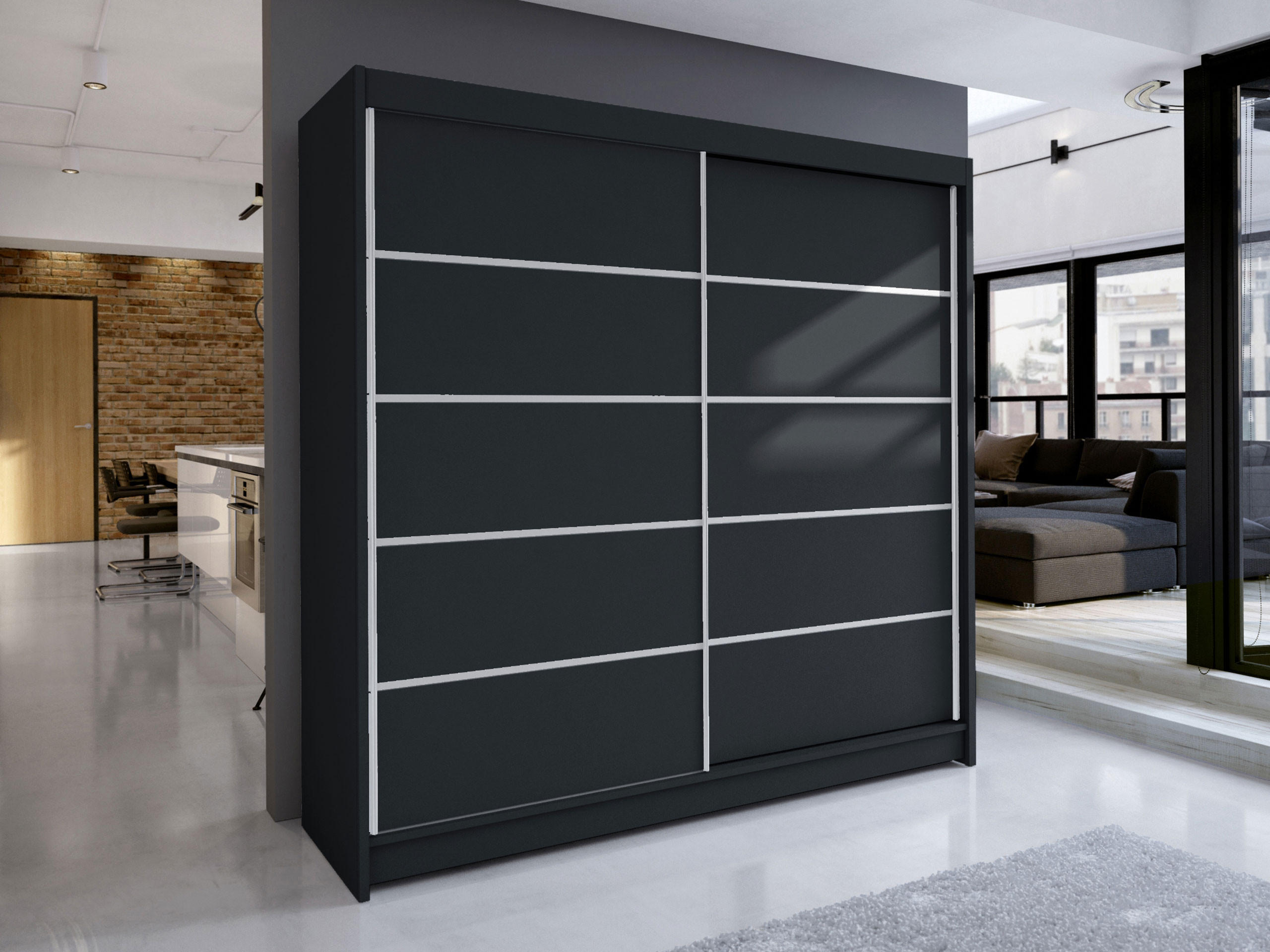 SCHWEBETÜRENSCHRANK Talin IV - Silberfarben/Schwarz, Holzwerkstoff/Metall (180/215/58cm) - MIRJAN24