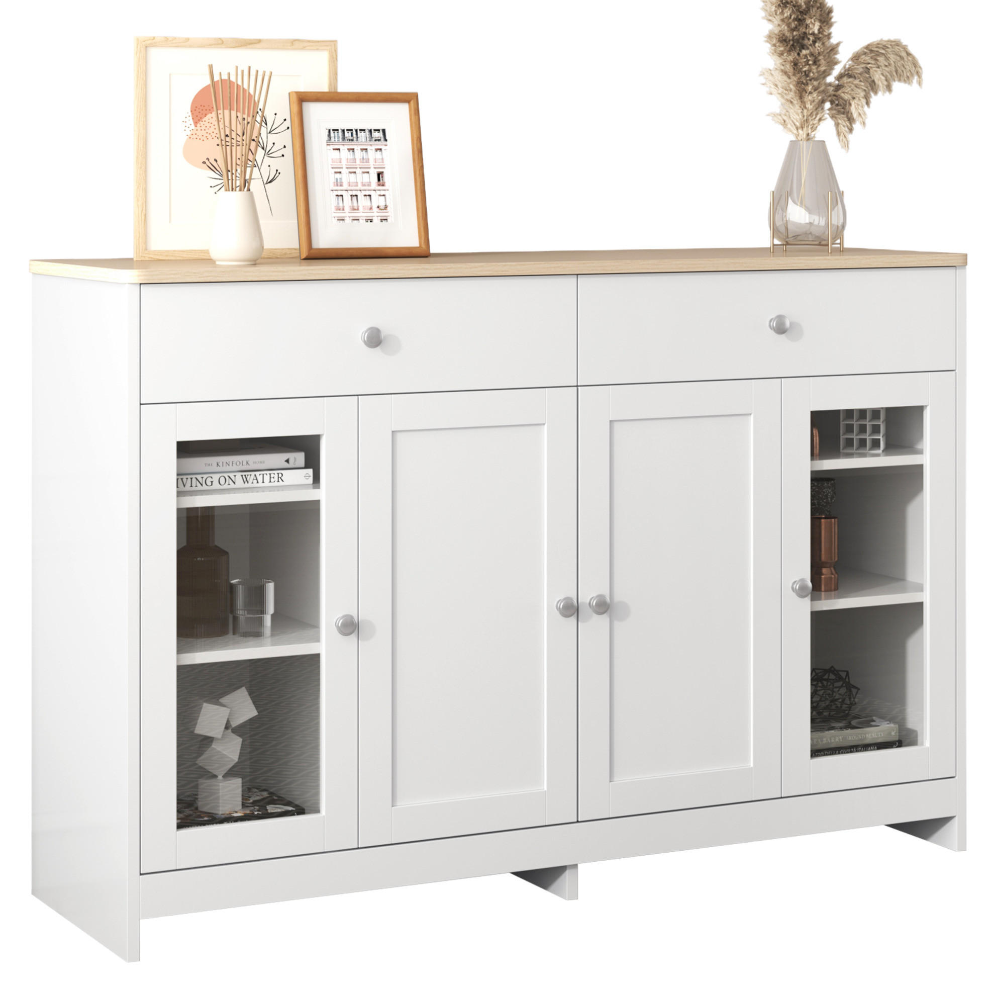 SIDEBOARD 120/37/80 cm in Weiß und Holzfarben mit 4 Türen und 2 Schubladen - Weiß, Holzwerkstoff (120/80/37cm) - Flora Grace