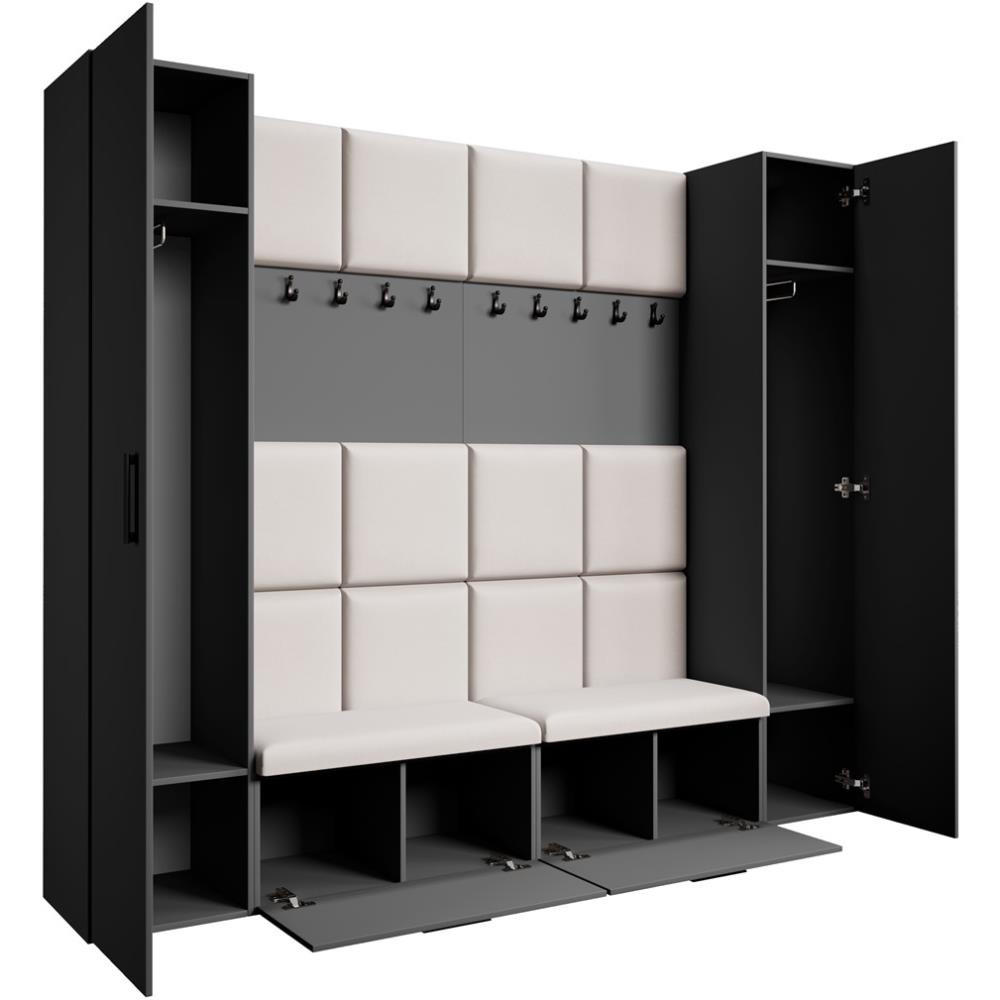 GARDEROBE Margaret XL 242/203/43 mit gepolsterten Paneelen und Schuhschrank - Beige/Schwarz, Holzwerkstoff/Kunststoff (242/203/43cm) - Beautysofa
