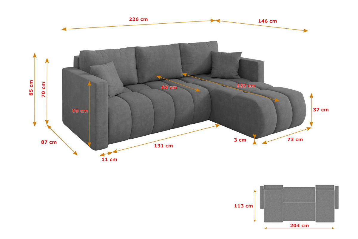 ROHOVÁ SEDAČKA s funkcí spaní, otoman vpravo GARD-L 226x146x85 šedá velur - černá/šedohnědá, kompozitní dřevo/textil (226/146cm) - ALTDECOR