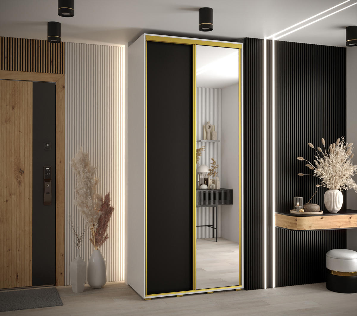 SCHWEBETÜRENSCHRANK 235,2/100/45 2-türig - Goldfarben/Schwarz, Holz/Metall (100/235/45cm) - Abiks Möbel