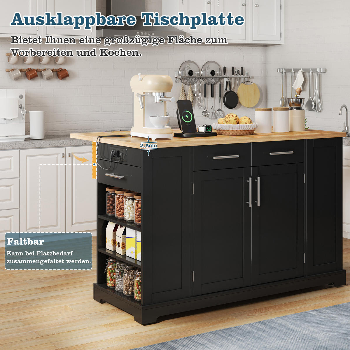 KÜCHENINSEL 138x56x92 cm Schwarz mit 3 Schubladen, Klapp-Arbeitsplatte & ausziehbarem Mülleimer - Schwarz, Holz/Holzwerkstoff (86/92/138cm)