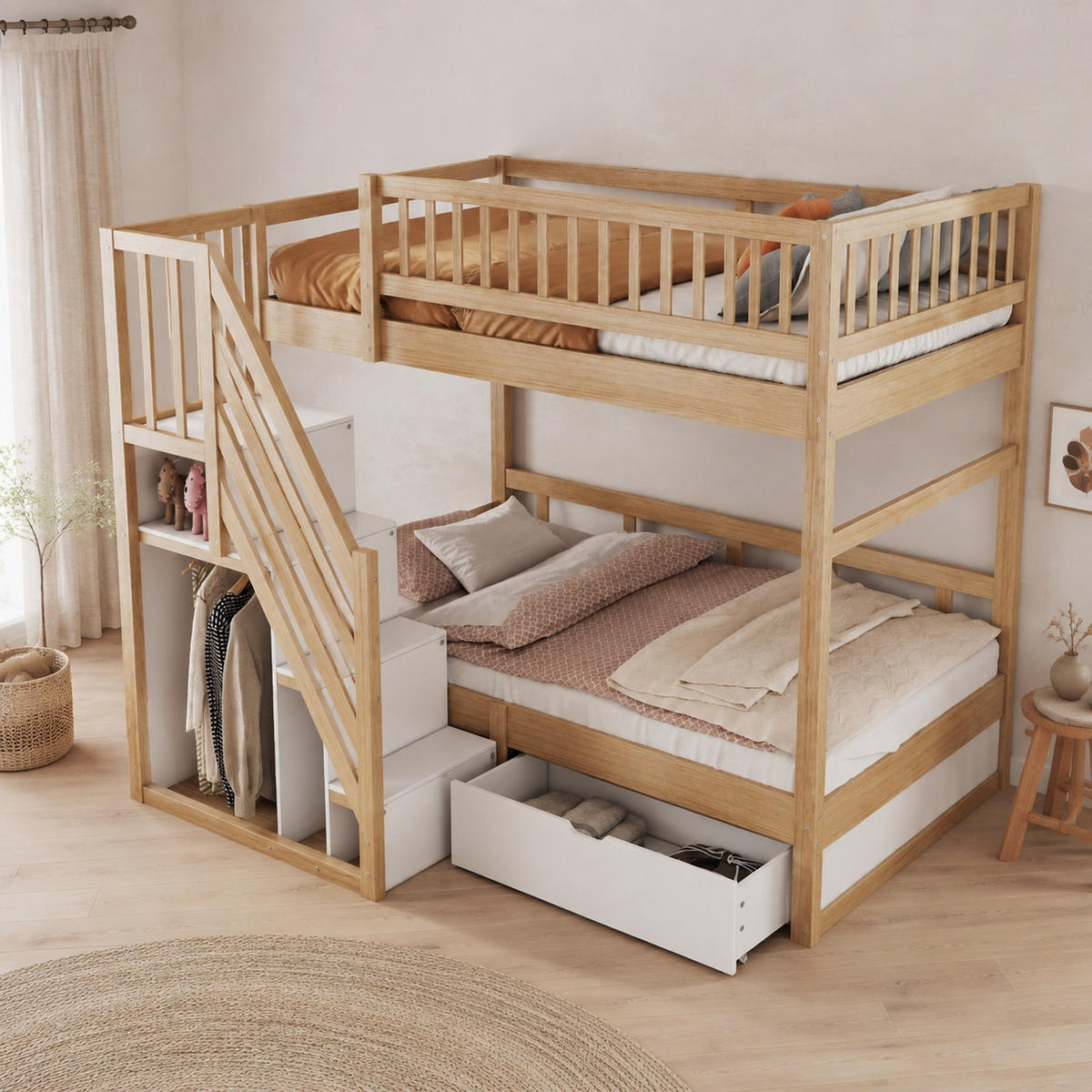 HOCHBETT 90/200 mit Stauraumleiter, Stauschublade und Sicherheitsgitter in Holzfarbe - Naturfarben, Holz (90/200cm) - EVRYAE