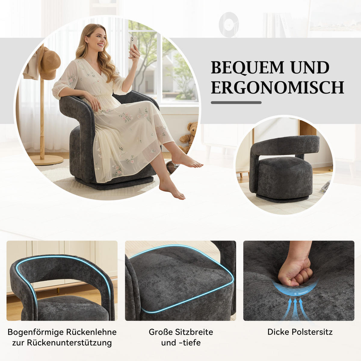 SESSEL,360 Grad Drehsessel Grau, Wohnzimmer Loungesessel - Grau, Textil (70/74/65cm) - PARAFTA HOME