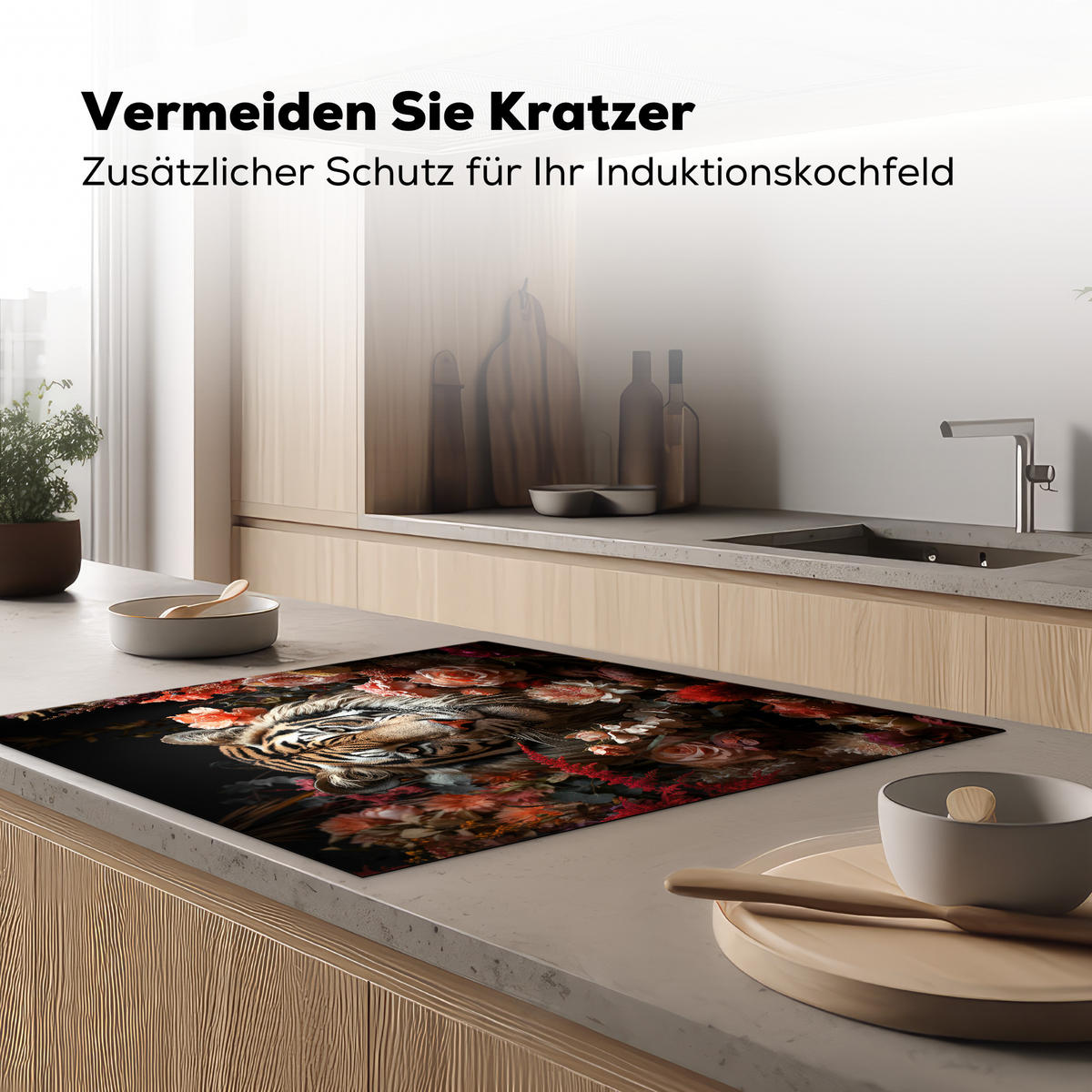 HERDABDECKPLATTE Tiger - Tier - Natur - Floral - Botanisch Induktionsmatte 78x78 cm - Orange, Kunststoff (78/78/0.2cm) - MuchoWow