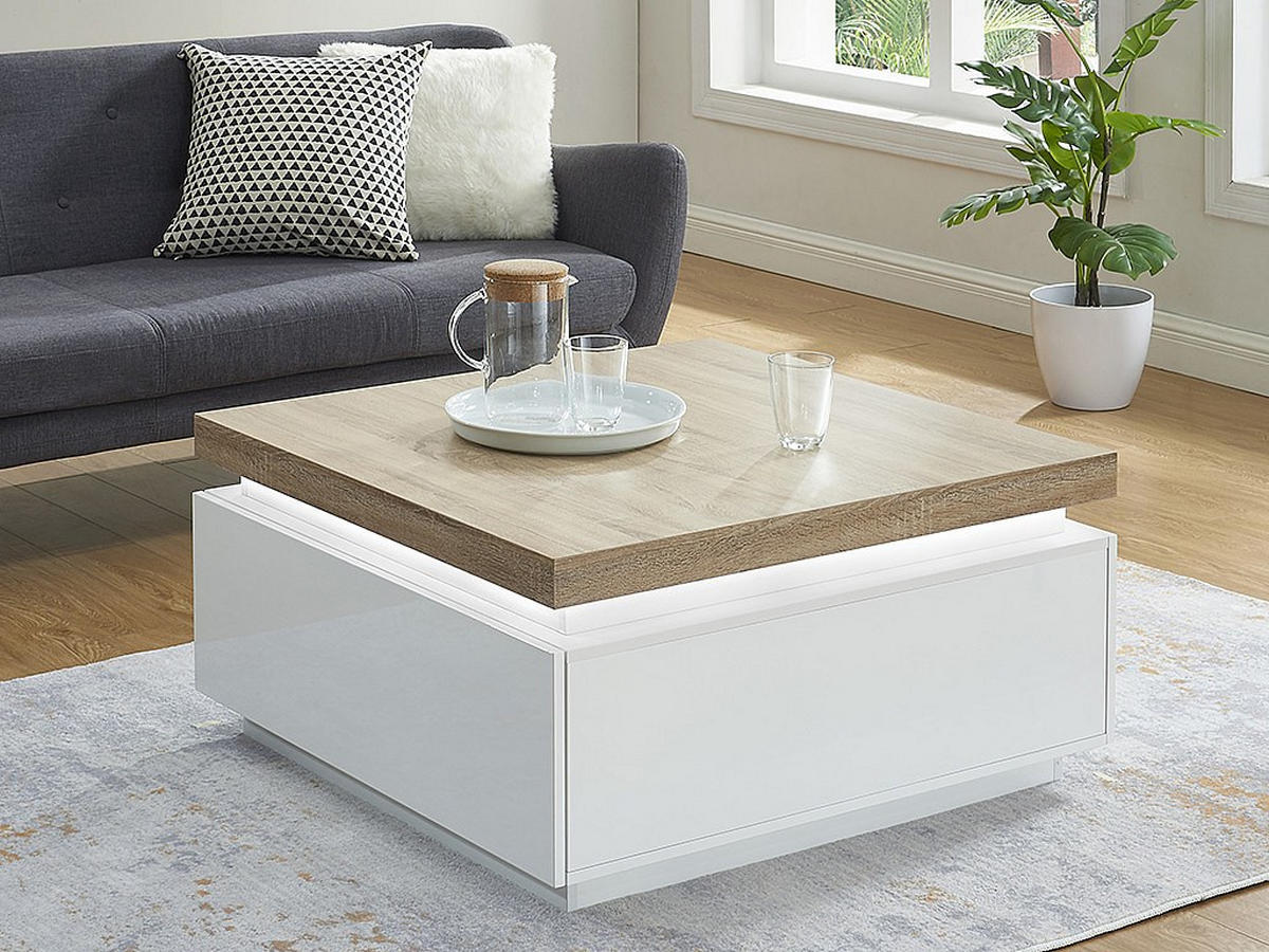 COUCHTISCH mit 2 Schubladen & LEDs - MDF lackiert - Weiß & Eichefarben - HALO II - Naturfarben, Holz (90/90/45cm) - Vente-Unique