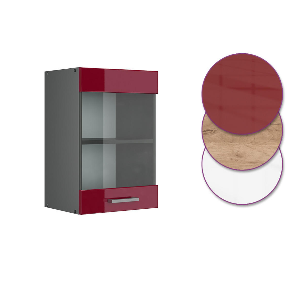 KÜCHENGLASSCHRANK R-Line Rot Hochglanz 40 cm - Bordeaux/Anthrazit, Holzwerkstoff (40/60/31cm) - Vicco