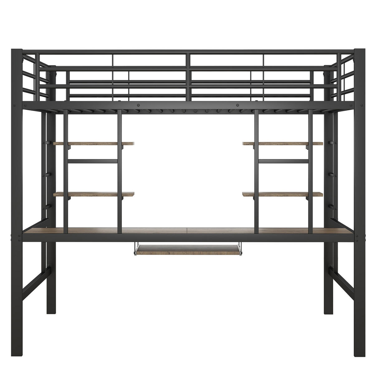 HOCHBETT aus Metall 140x200 cm Schwarz mit Schreibtisch, 2 Regalen und Leiter, platzsparend - Schwarz, Metall (140/200cm) - Modfu