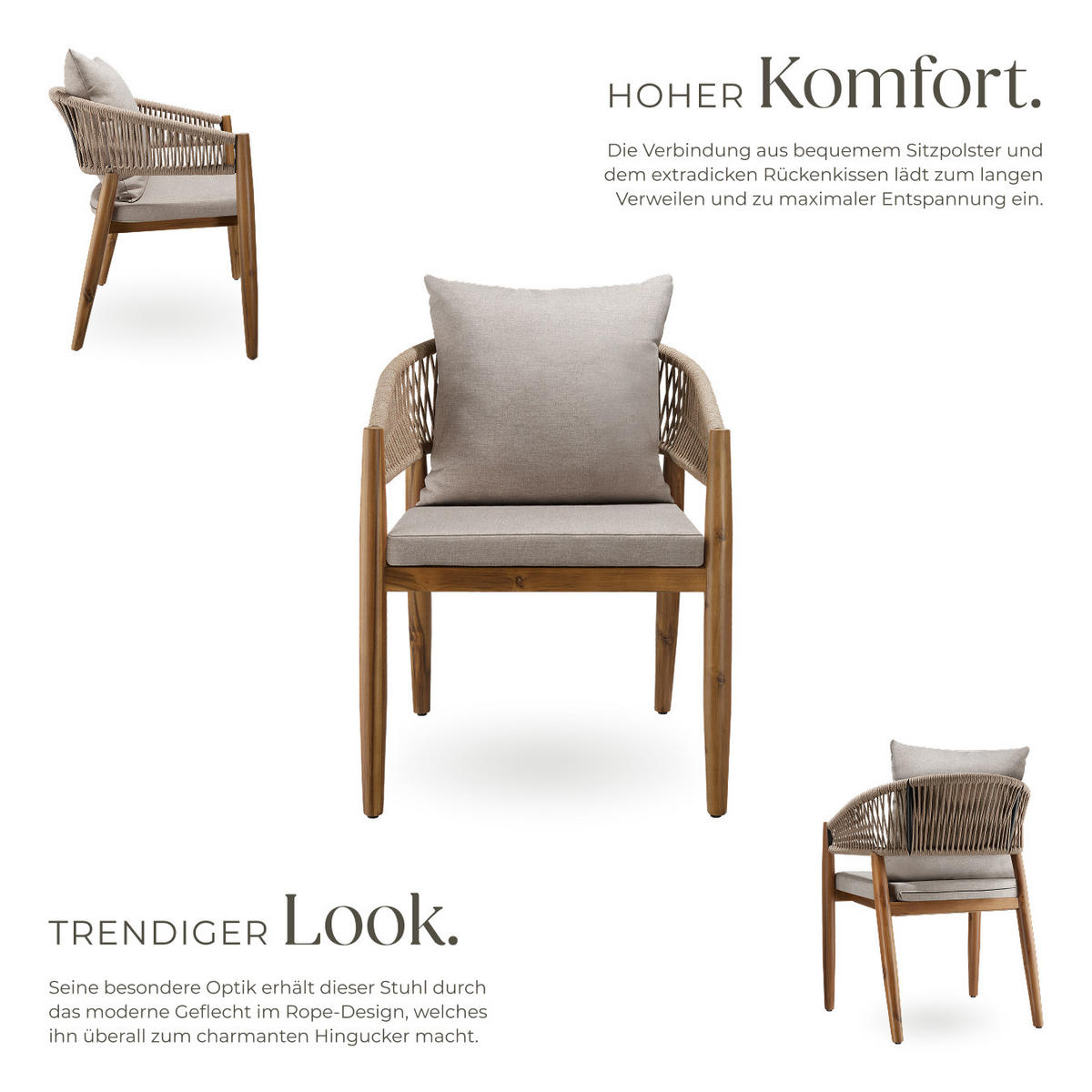 GARTENSTUHL Manacor,höhenverstellbare Kunststofffüße,Sand - Sandfarben/Braun, Holz (59/76.5/58cm) - tectake