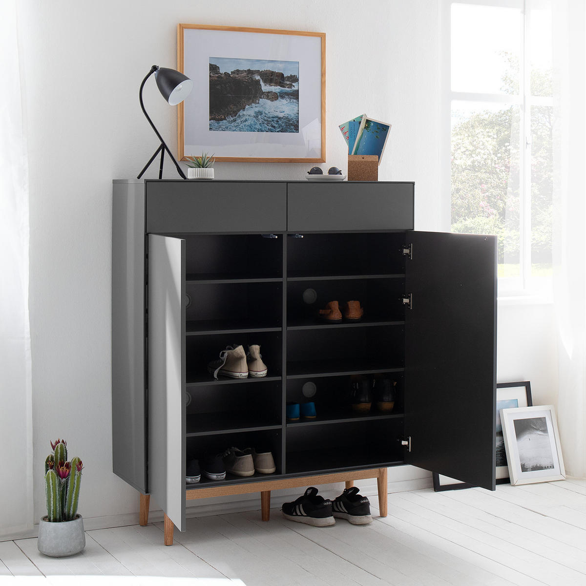 SCHUHKOMMODE mit 2 Schubladen - Eichefarben/Grau, Holzwerkstoff (110/132/38cm) - home24