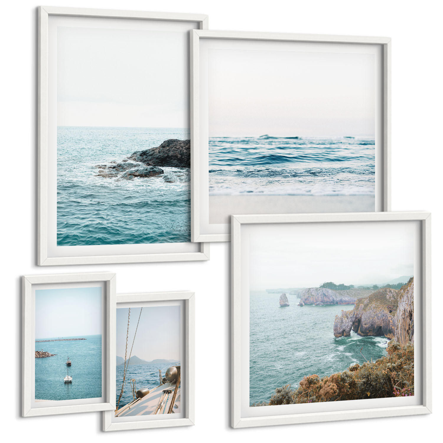 BILDER SET 5er Set - 50x50 cm & 20x30 cm & 40x60 cm Weißer Rahmen - Küstenlandschaftsblick - Weiß, Kunststoff (40/60cm) - TULUP