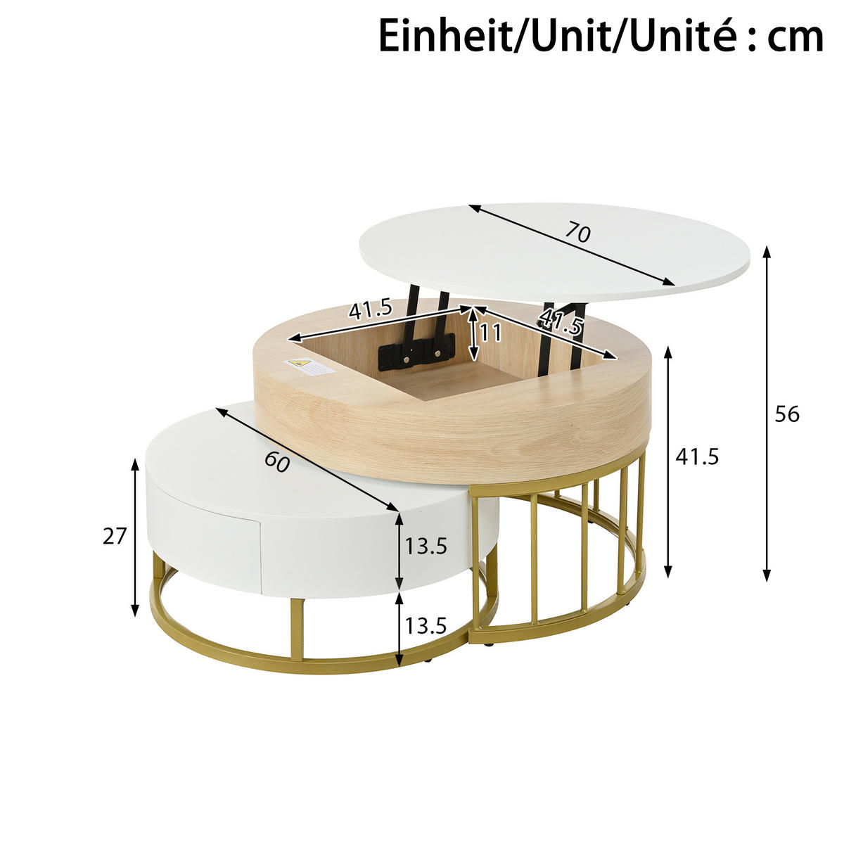 COUCHTISCH rund höhenverstellbar Goldgestell - Weiß, Holz (70/70/56cm) - LEBENLANG