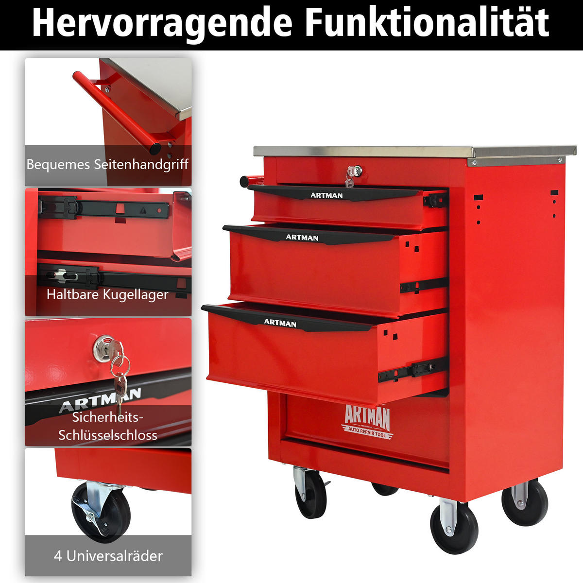 KOMBINATIONSKOFFER – 4 Schubladen, rot - Multicolor, Metall (34.5/78/62.5cm) - DCA