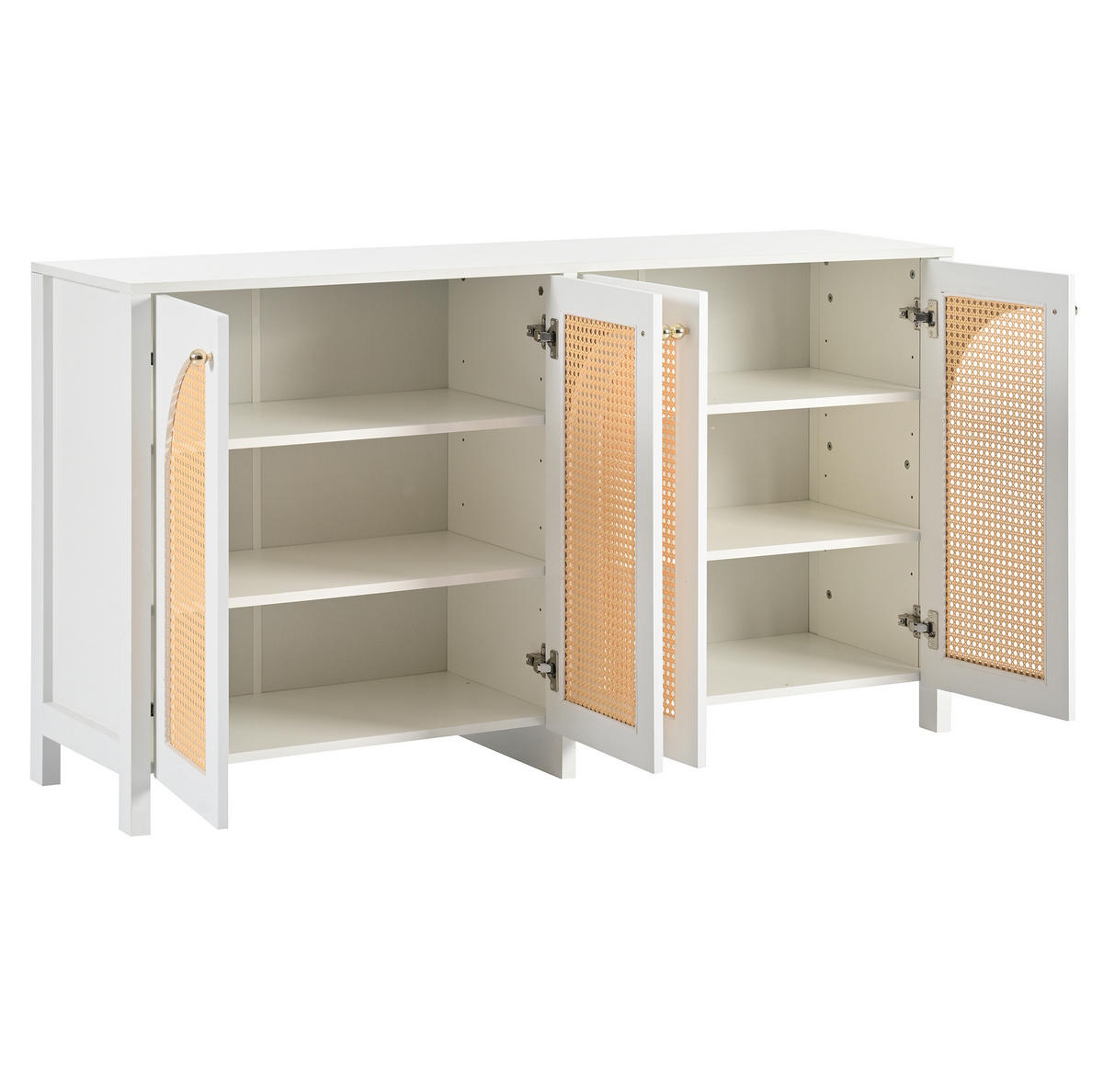 SIDEBOARD aus MDF 145x80x40 cm Weiß mit 4 Türen, Kunst-Rattan und verstellbarem Einlegeboden - Weiß, Holzwerkstoff (145/40/80cm) - Modfu