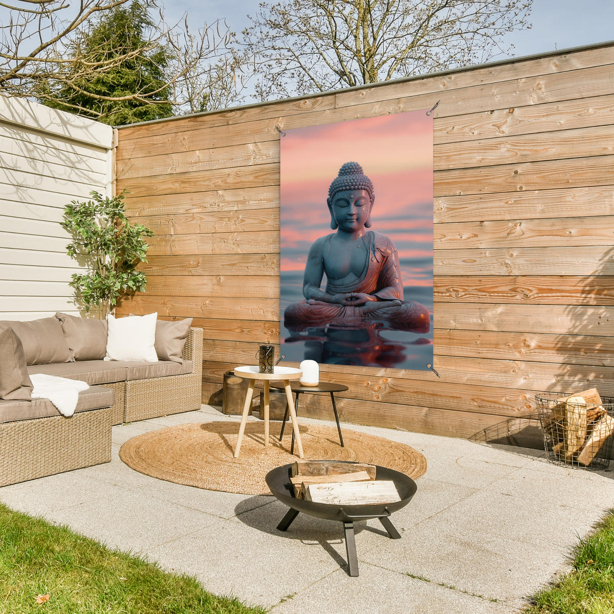 ZAHRADNÍ PLAKÁT Buddha - Socha - Buddha - Voda - Umění - Buddha 80x120 cm - šedohnědá, plast (80/120/0.2cm) - OnlyWow